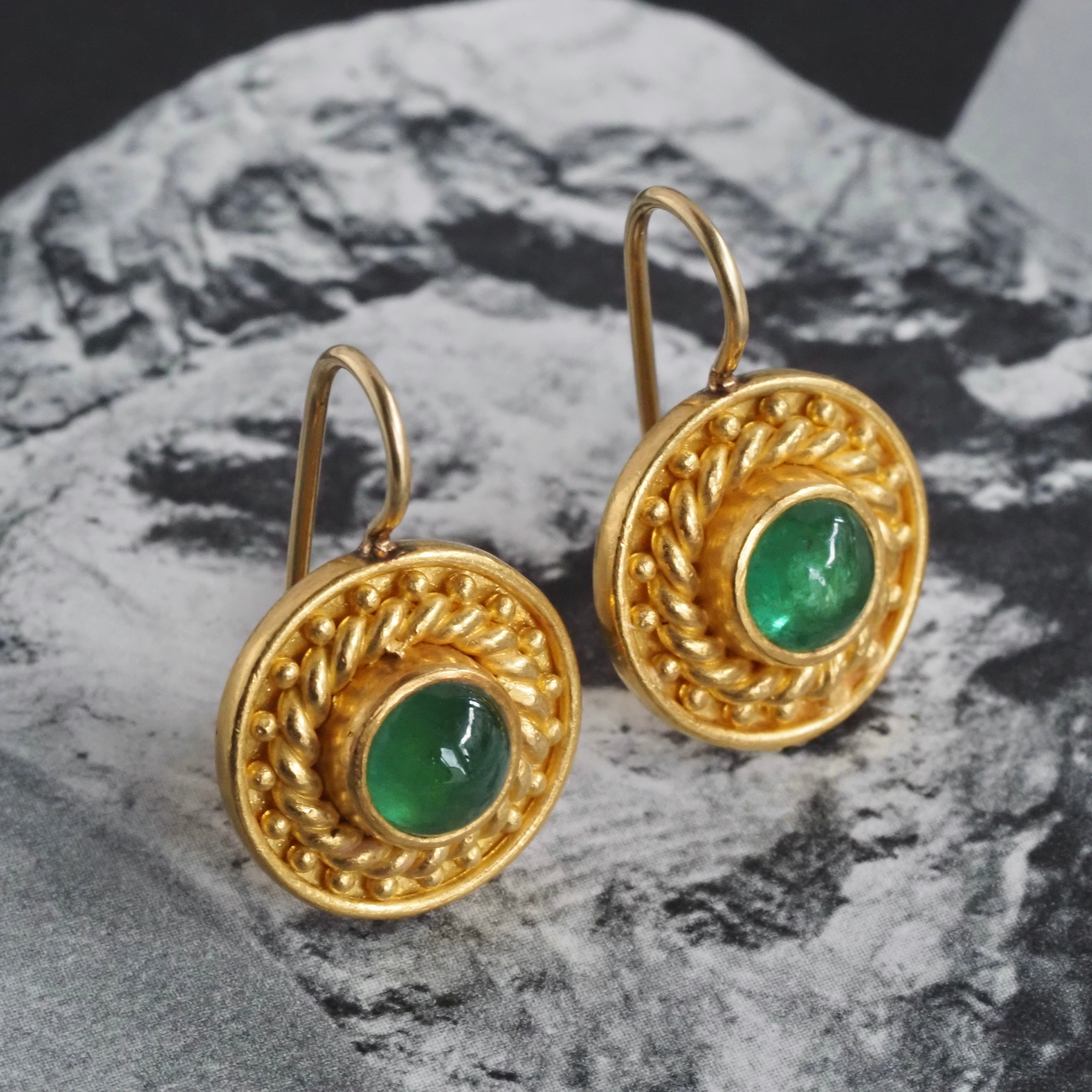 Artisan Etruscan Revival 22k Gold Cabochon Emerald Disc Earrings