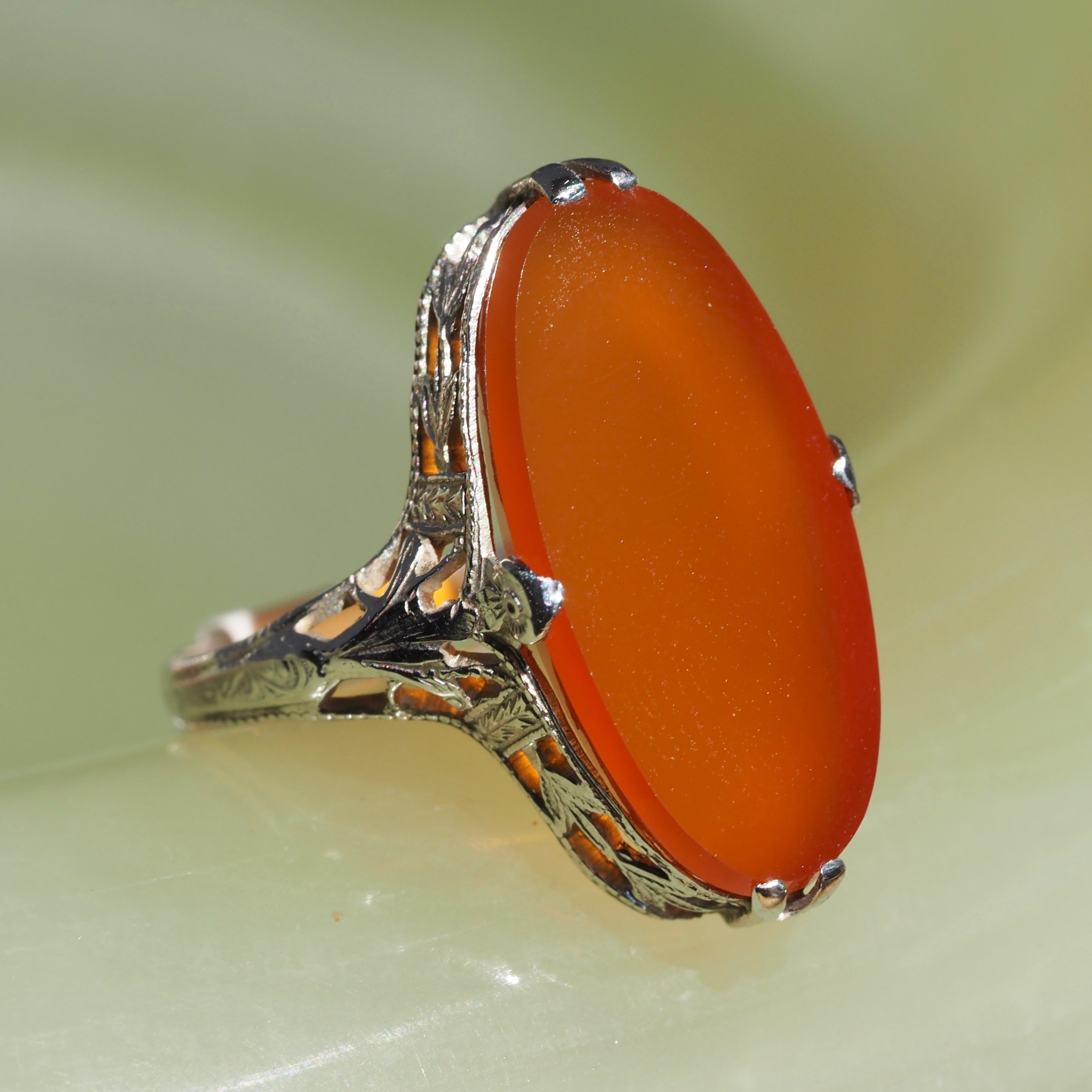 Antique Art Deco 14k White Gold Filigree Carnelian Ring