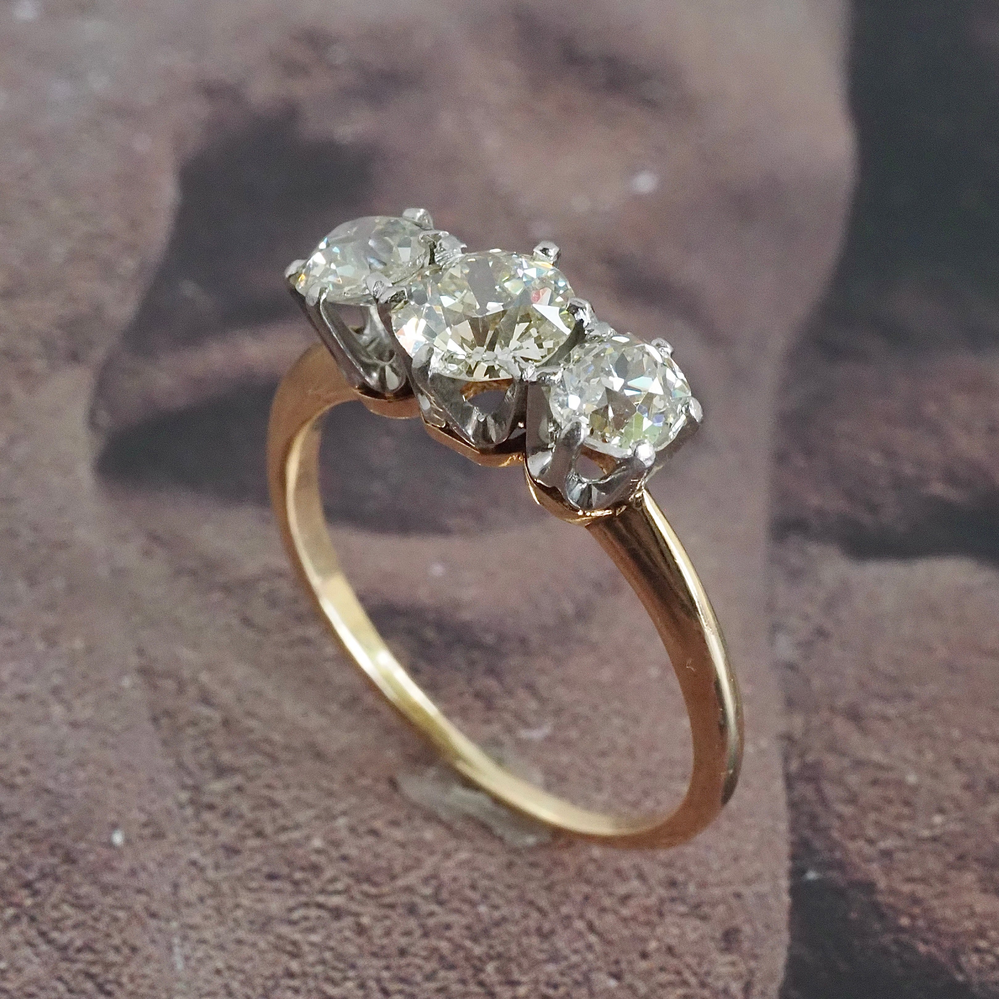 Vintage Old European & Old Mine Cut 1.59ctw Diamond Trilogy Platinum 14k Gold Engagement Ring