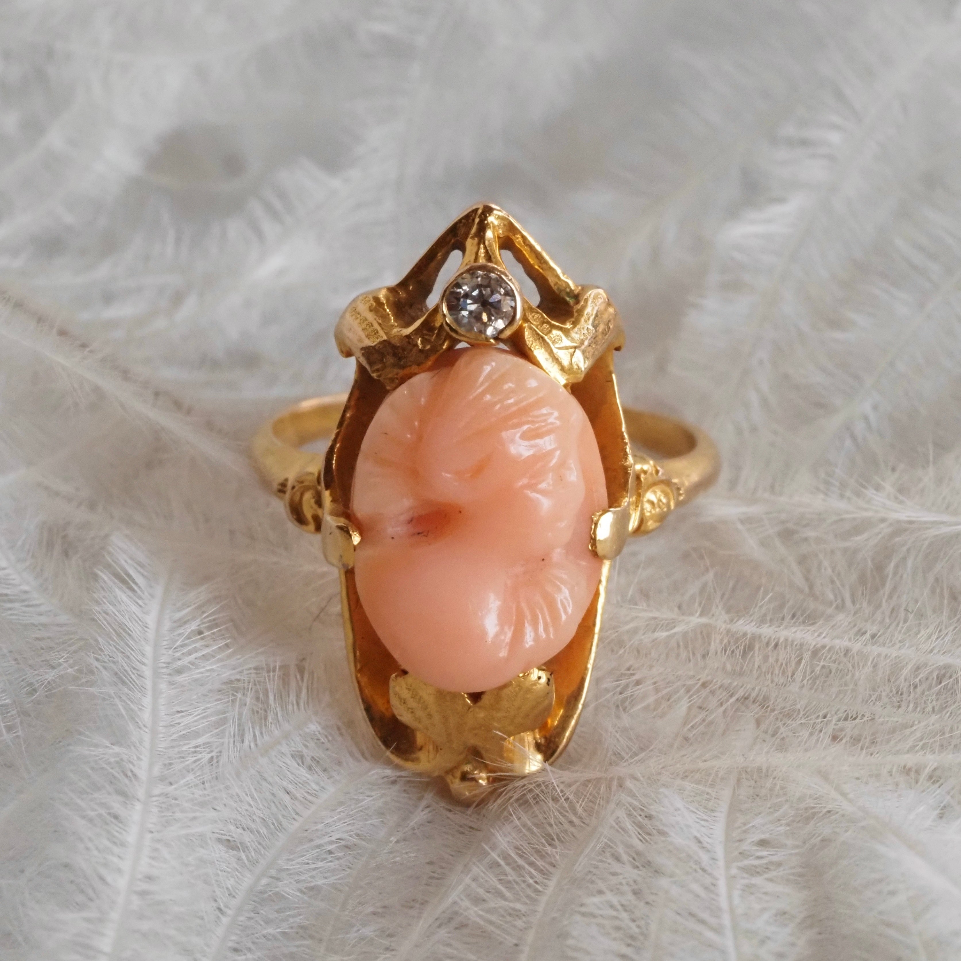 Antique Art Nouveau Bloomed 14k Gold Coral Cameo and Diamond Ring