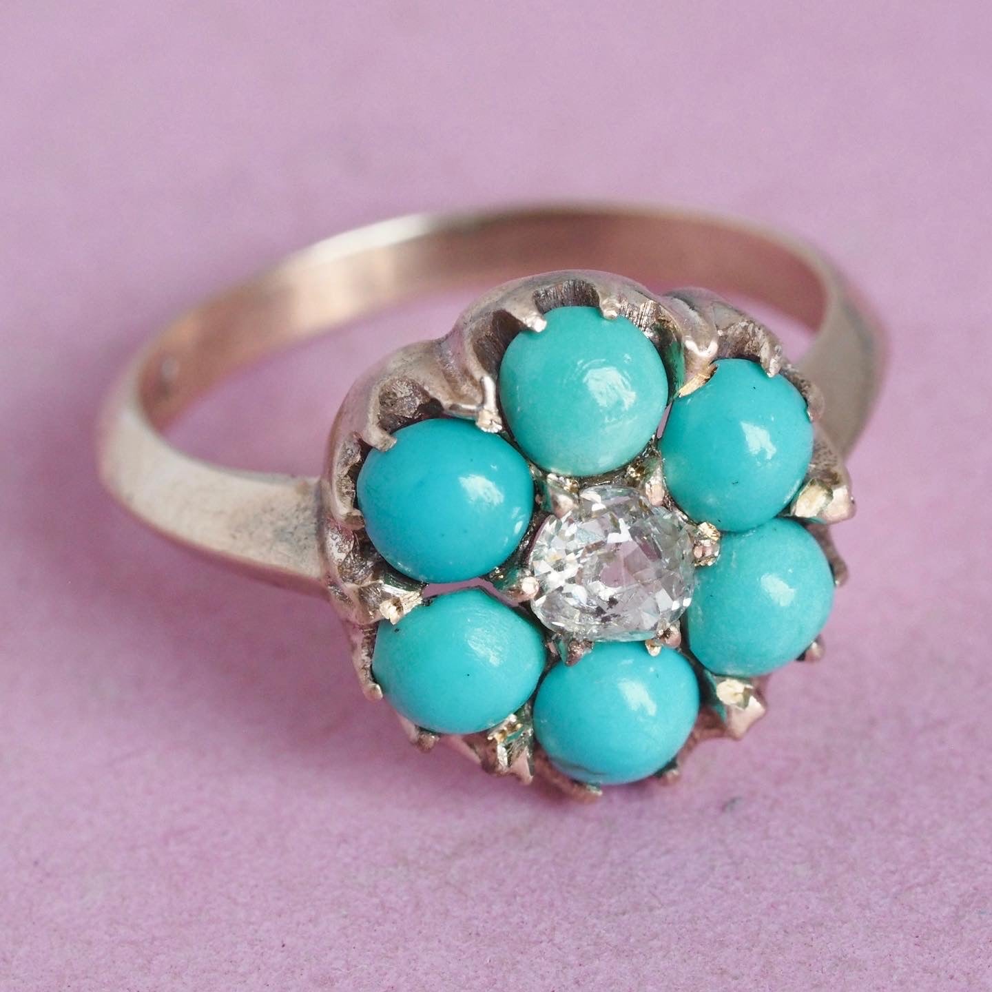 Victorian 10k Gold Turquoise and Old Mine Cut Diamond Flower Ring