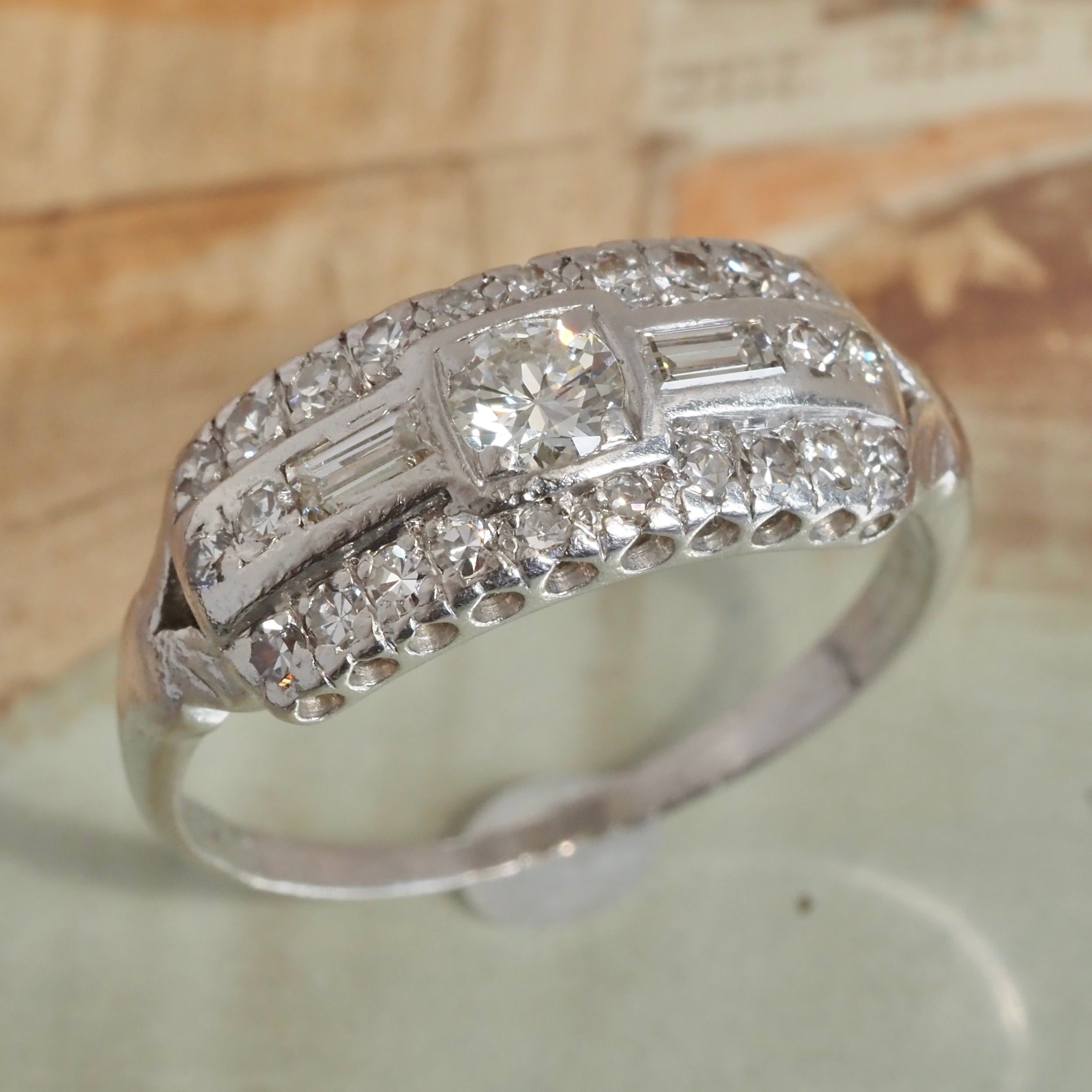 Antique Art Deco Platinum Old European Cut and Baguette Diamond Panel Ring