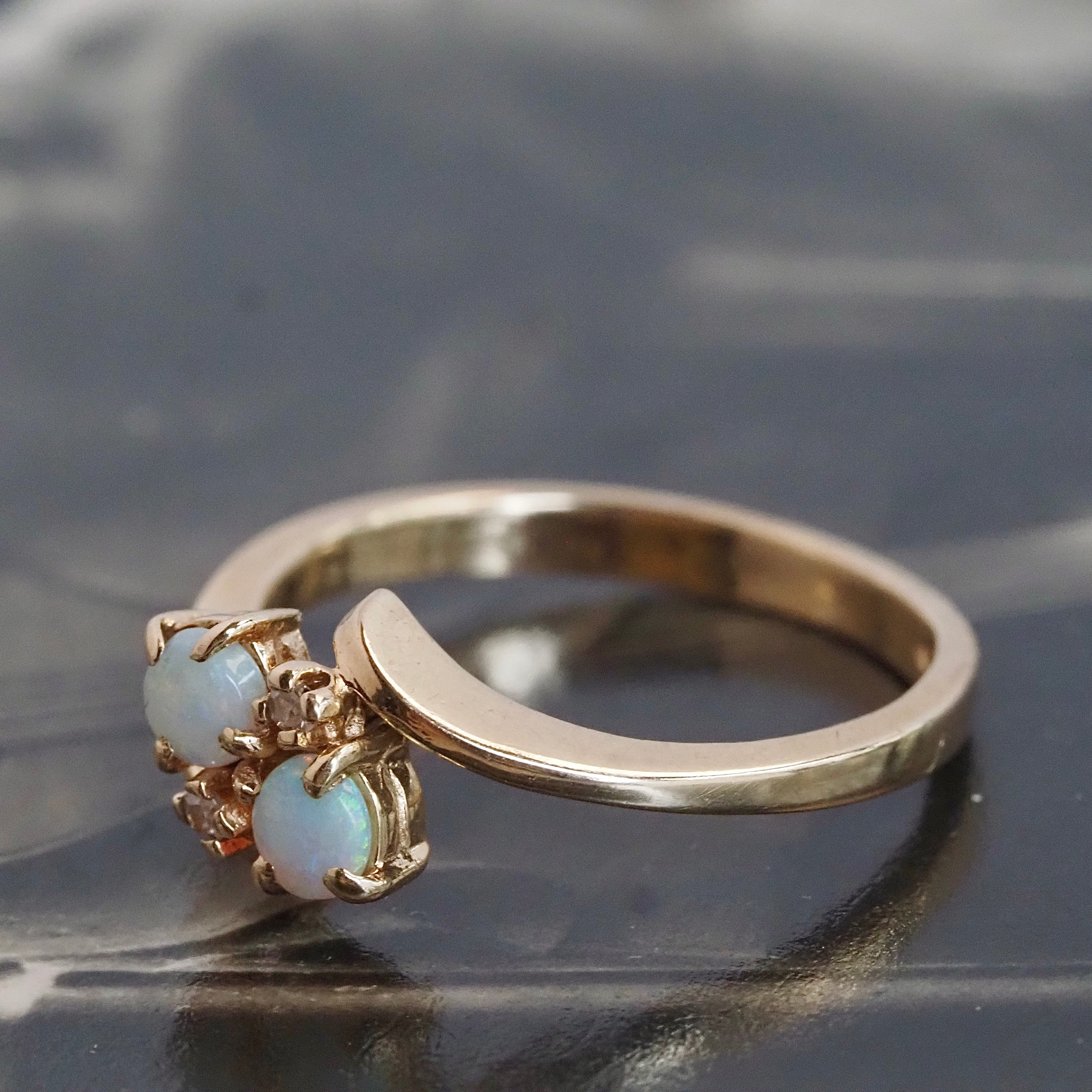 Vintage Opal Diamond Moi et Toi 10k Gold Ring