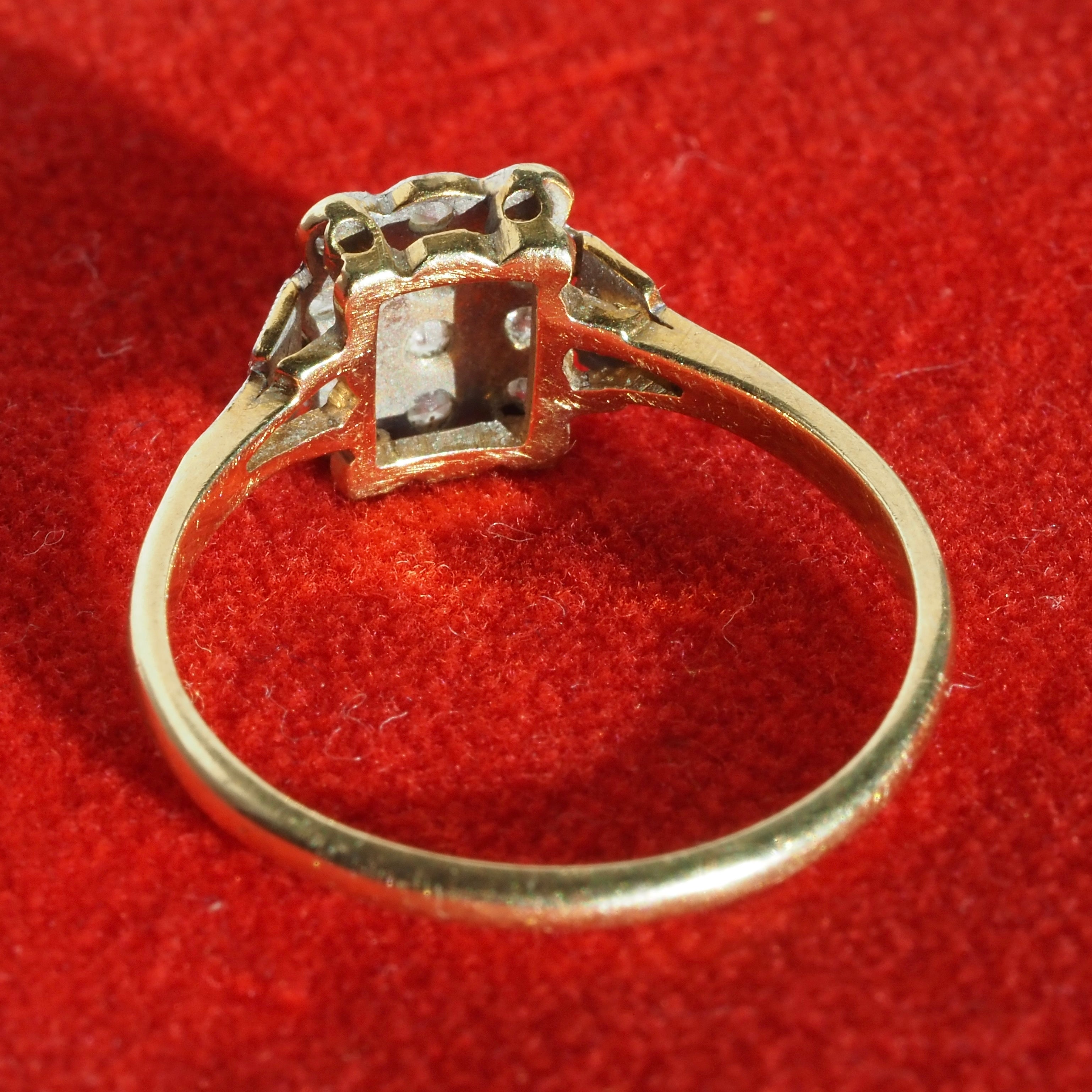 Antique Edwardian English Scalloped Square Diamond 18k Gold and Platinum Engagement Ring