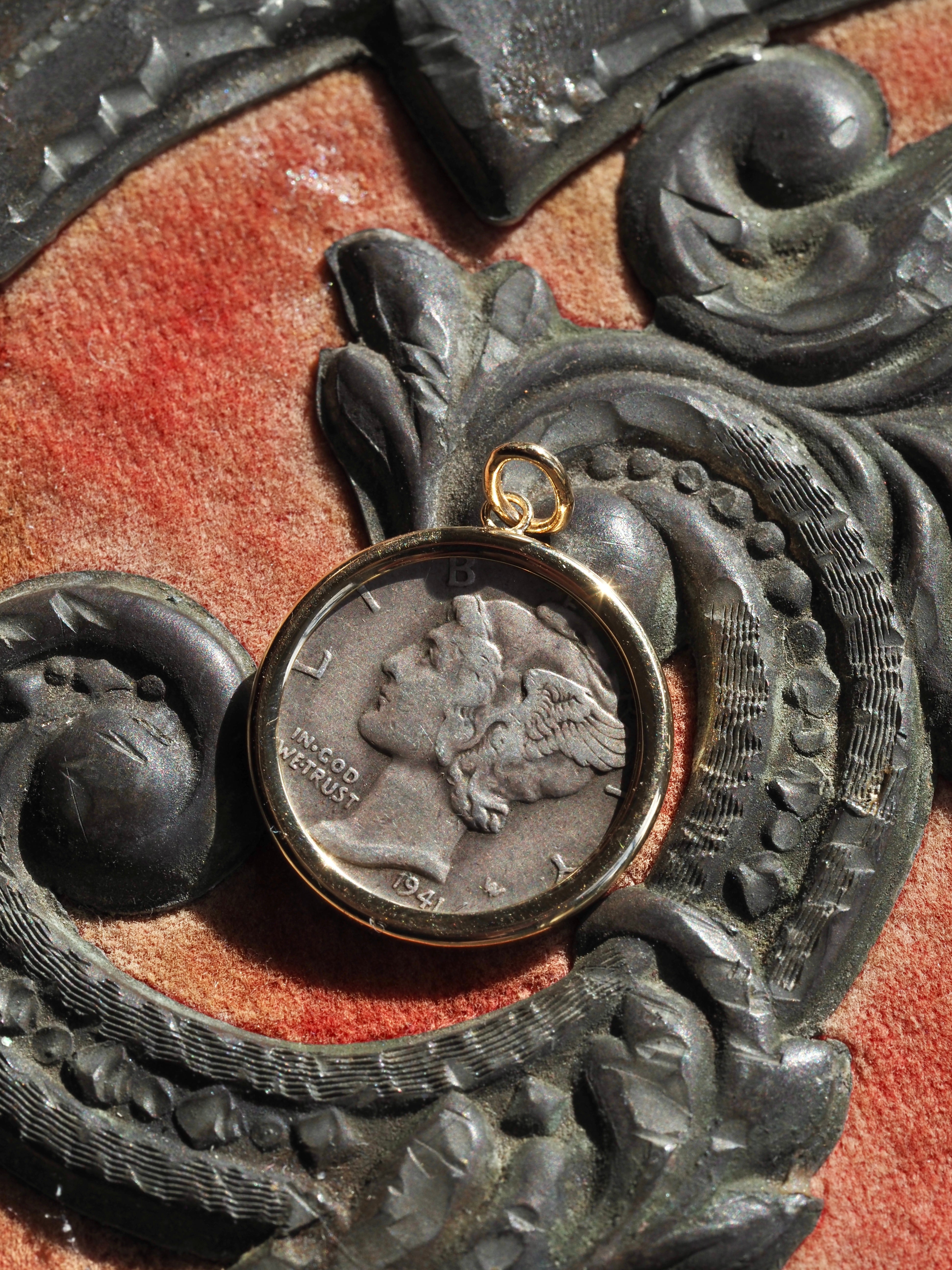 Vintage c. 1941 Mercury Dime in 14k Gold Pendant