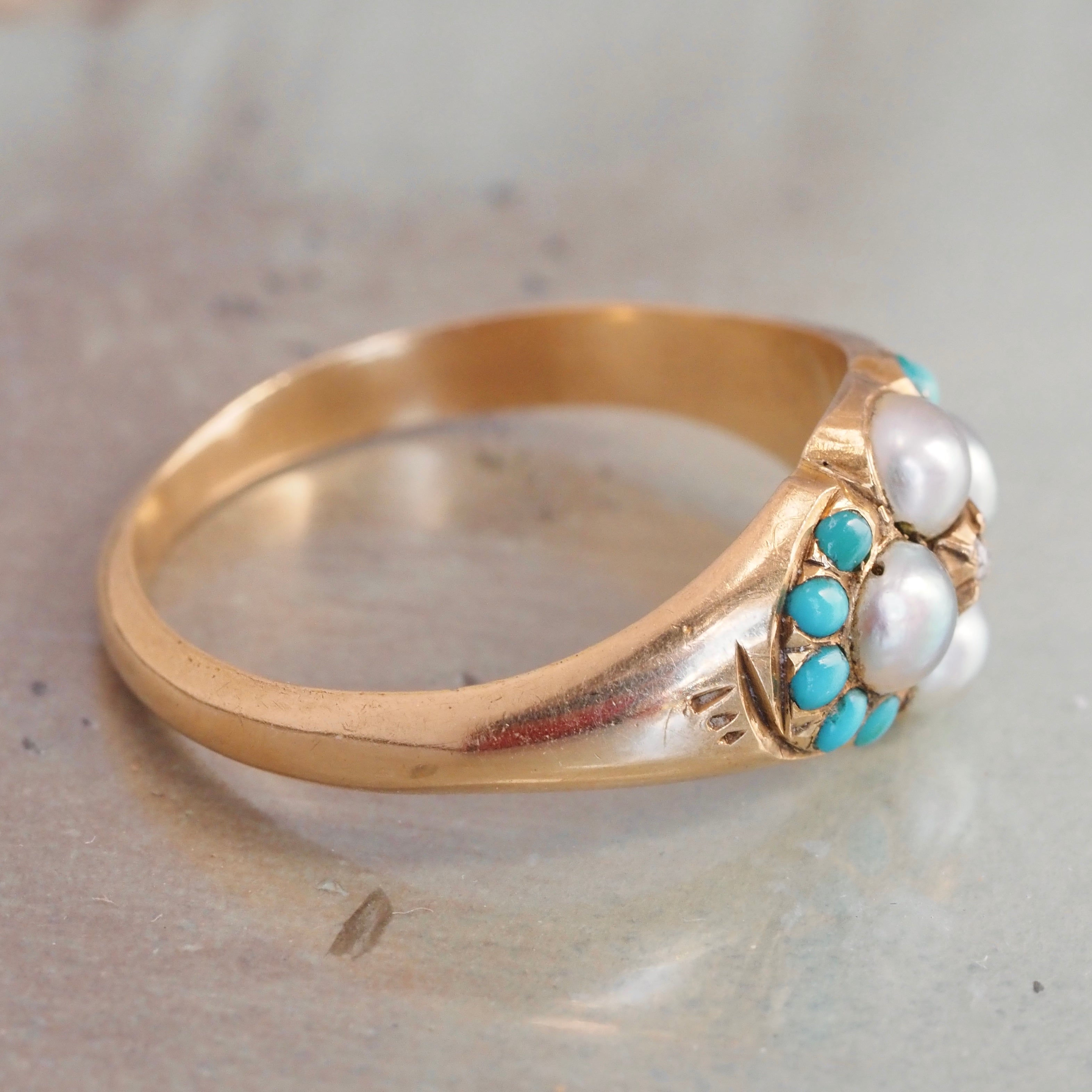 Antique Victorian English 18k Gold Rose Cut Diamond, Natural Pearls and Turquoise Ring