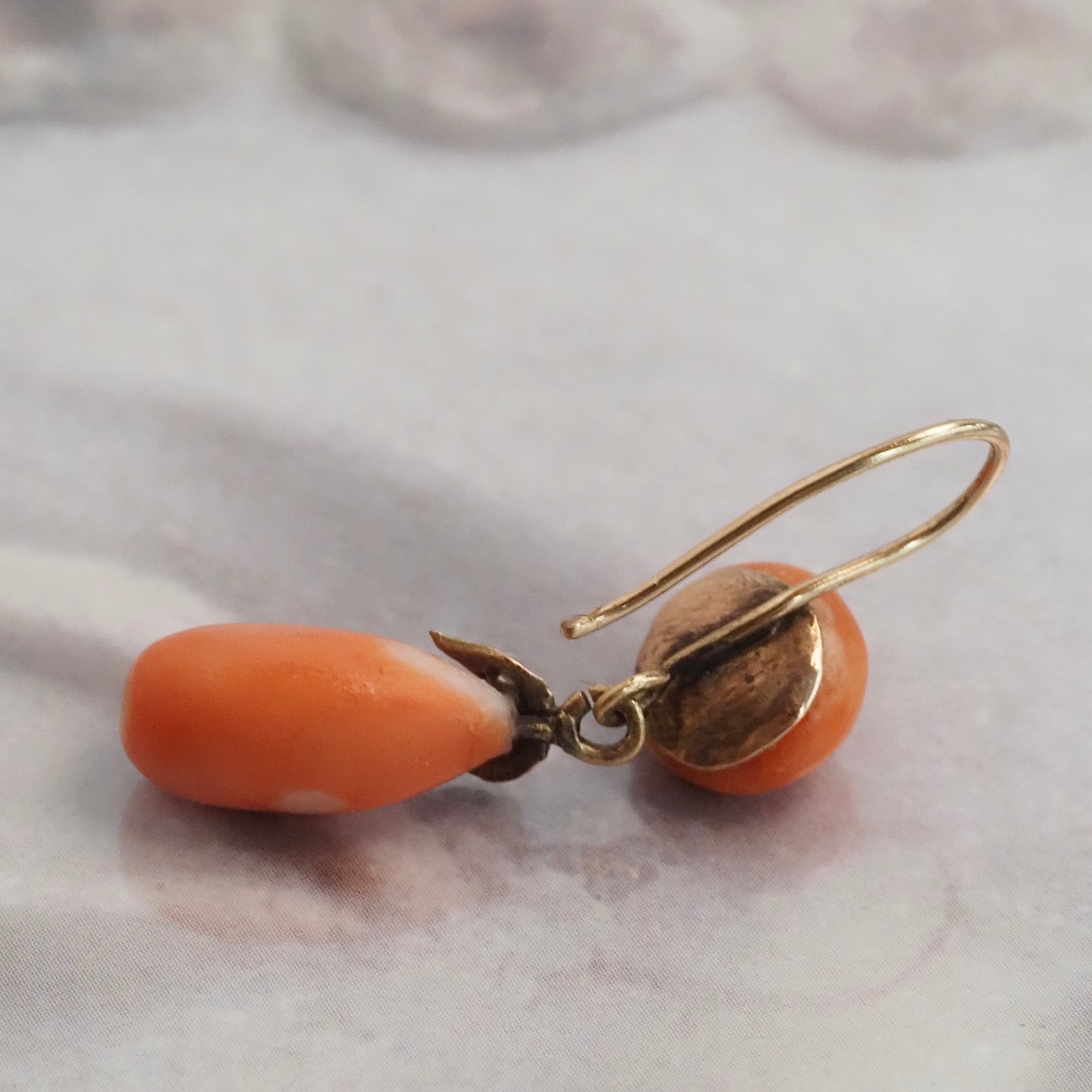 Antique Victorian Coral Pearl 10k Gold Drop Earrings