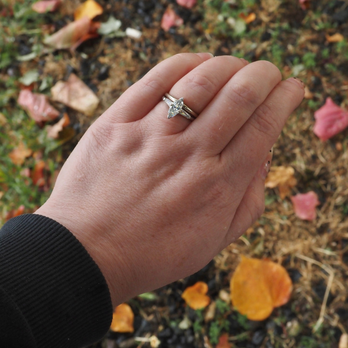 Vintage Marquise and Baguette Diamond Platinum Engagement Ring with 14k White Gold Wedding Band