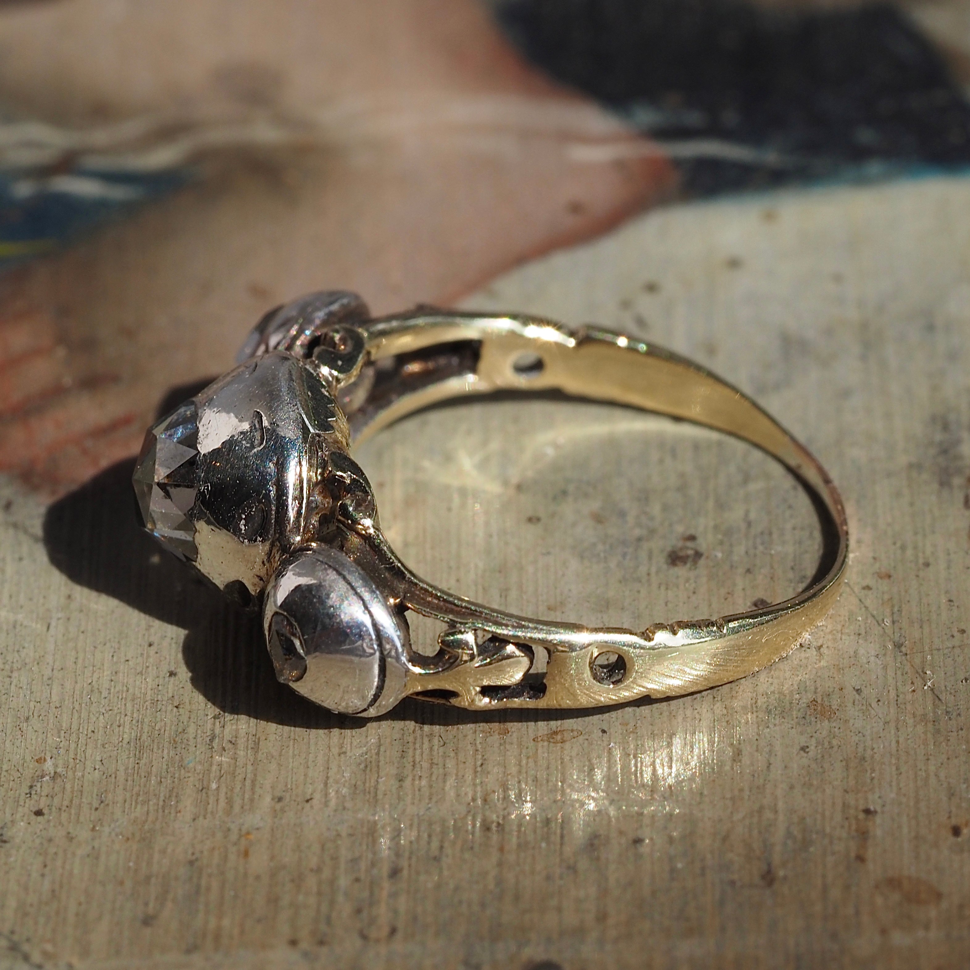 Antique Early 18th Century Georgian Dutch Cut Rose Cut Diamond 18k Gold and Sterling Silver Trilogy Ring