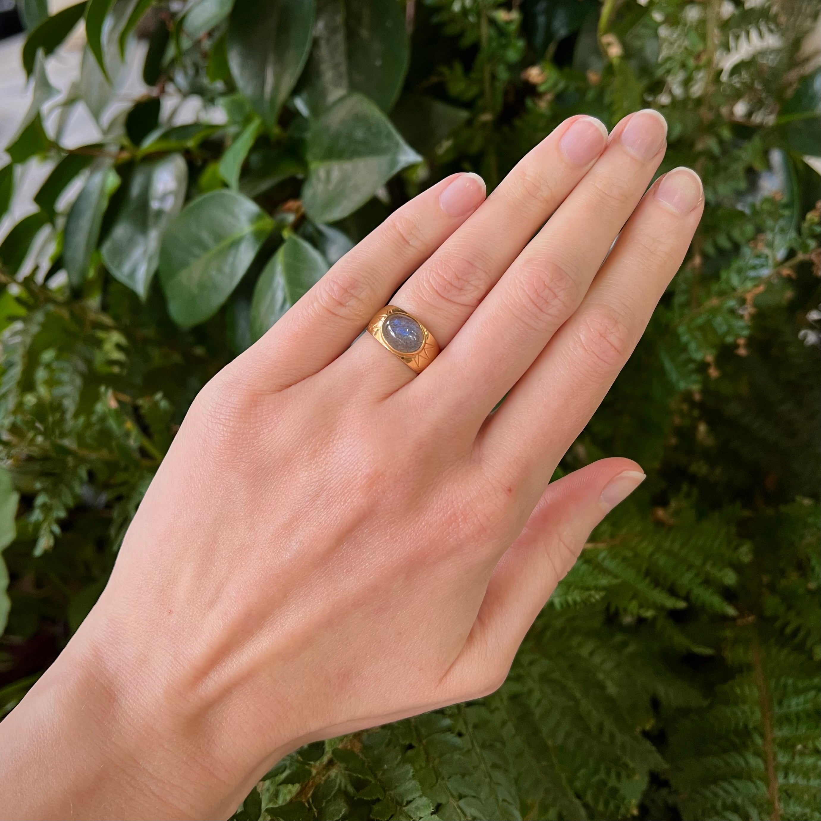 Mid-Century Swedish Labradorite Cabochon Wide 18k Gold Ring