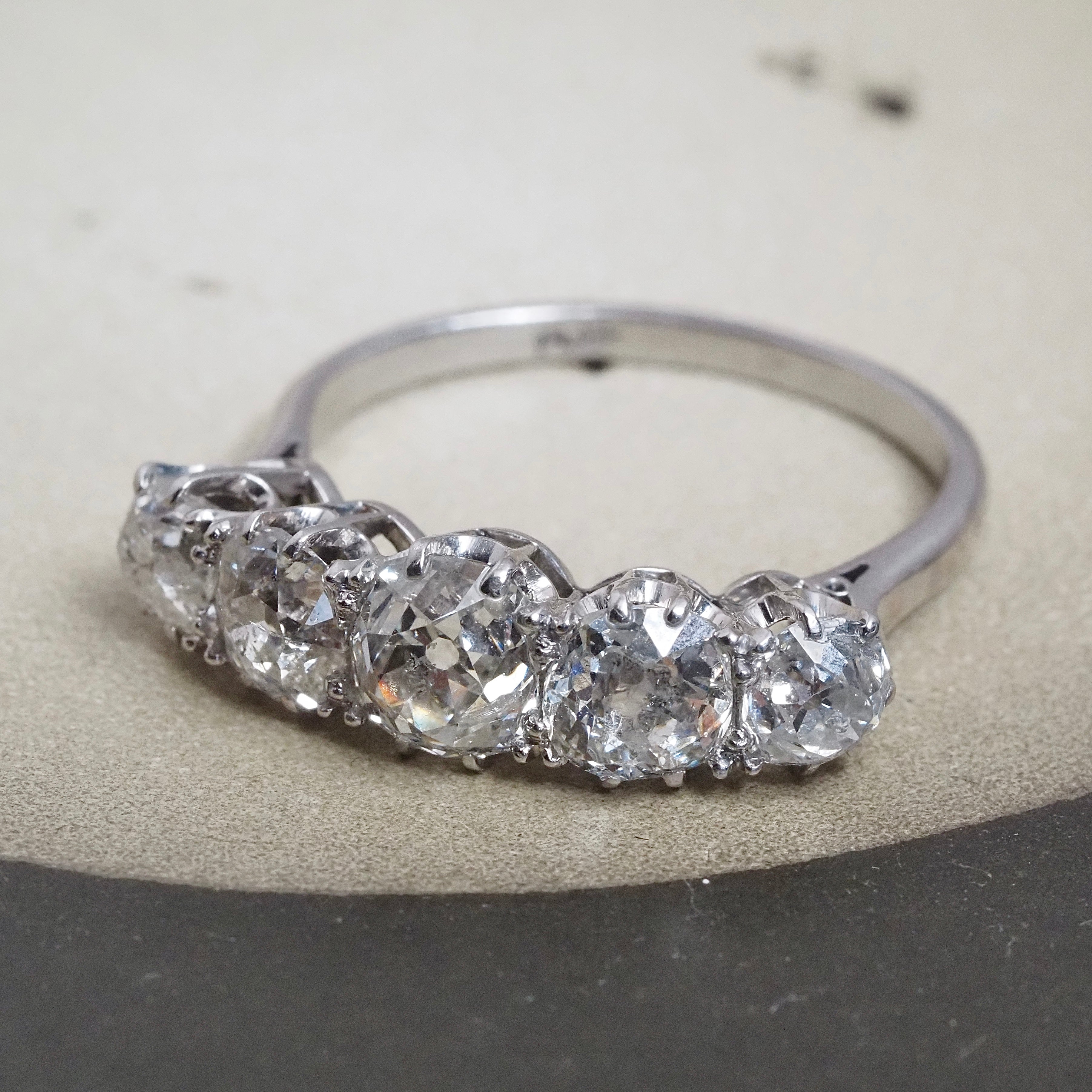 Antique Platinum 3.34ctw Five Stone Old Mine Cut Diamond Ring