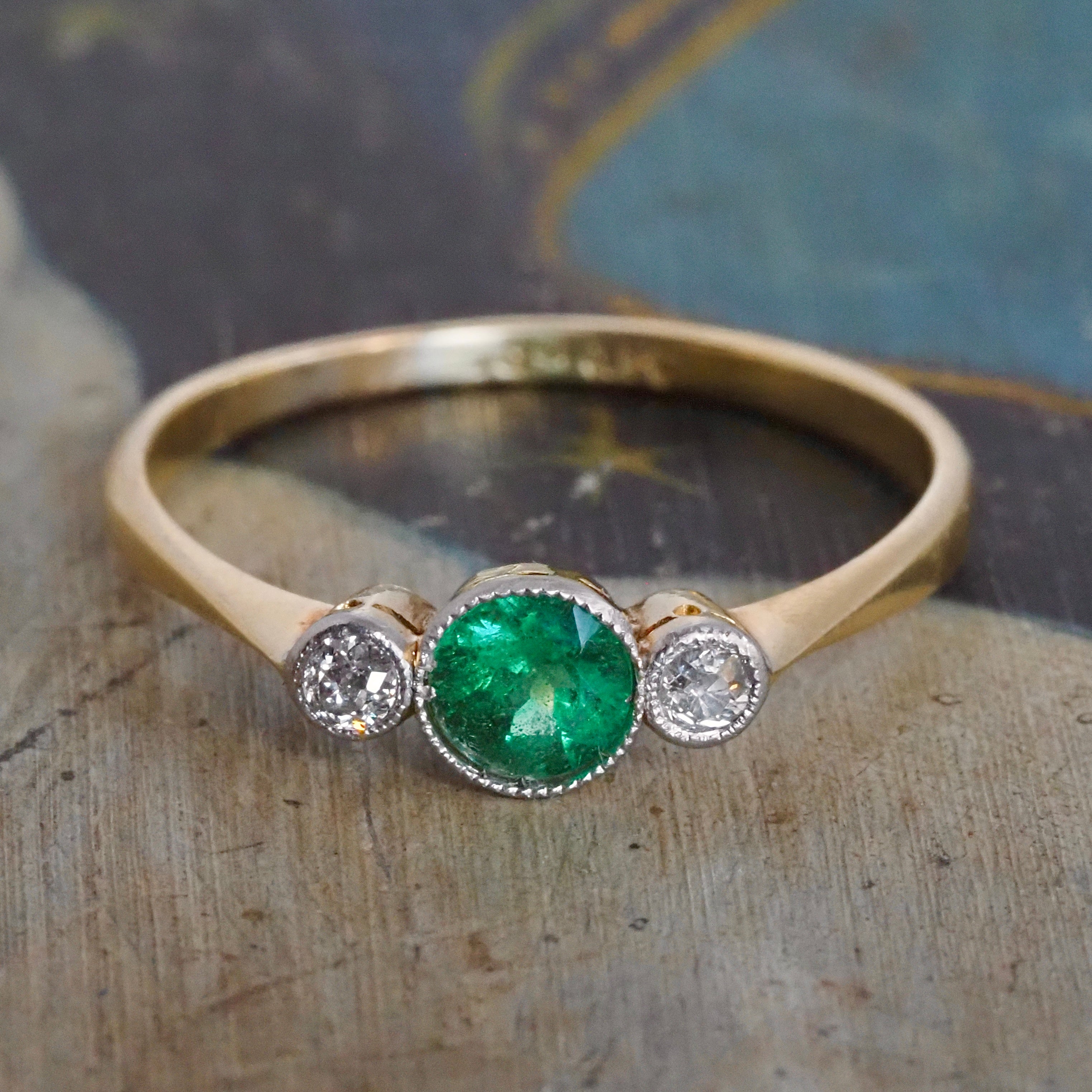 Antique Edwardian Emerald and Old Mine Cut Diamond Trilogy Platinum and 18k Gold Ring