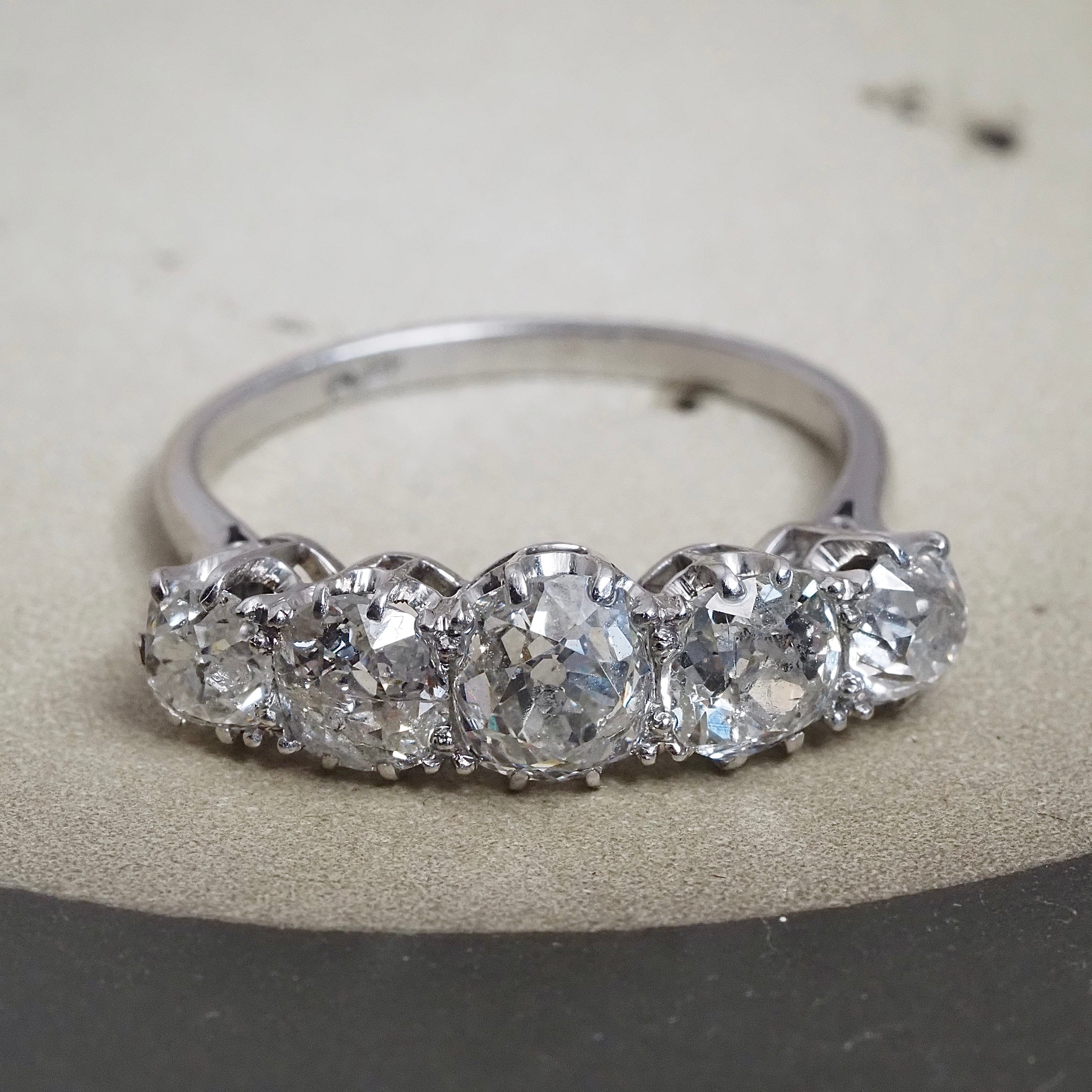 Antique Platinum 3.34ctw Five Stone Old Mine Cut Diamond Ring