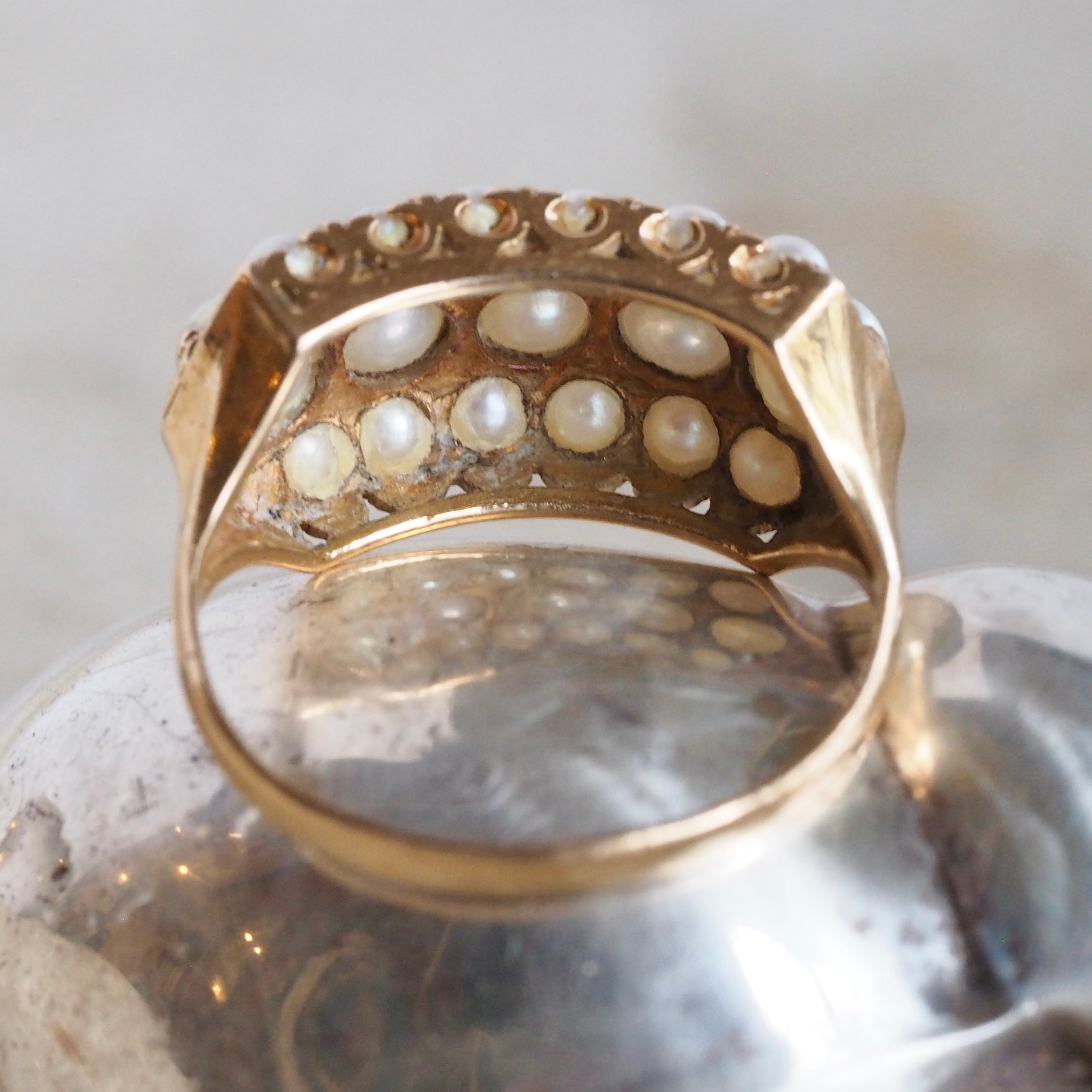 Vintage Greek 18k Gold Triple Row Pearl Ring