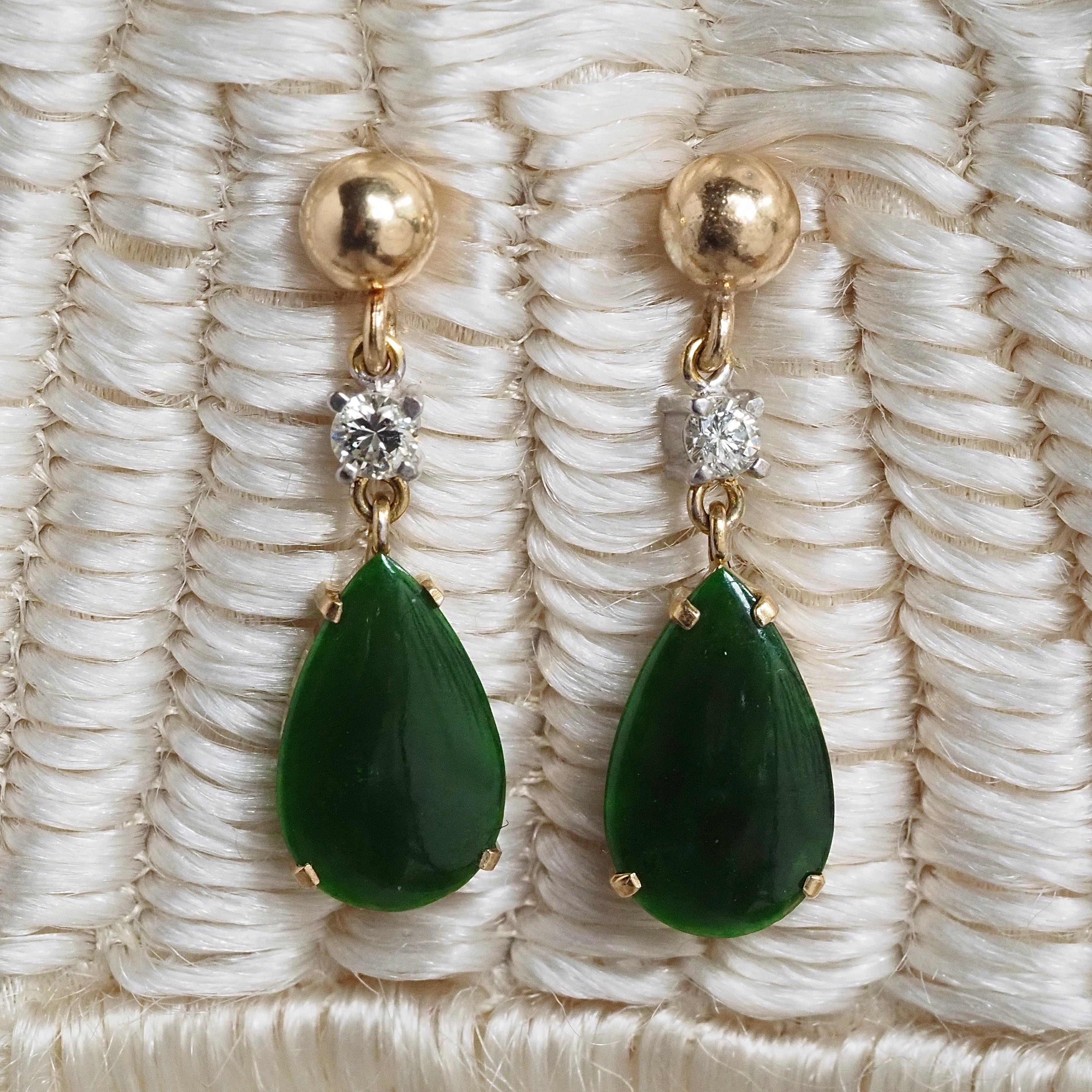 Vintage 14k Gold Tear Drop Jade & Diamond Earrings