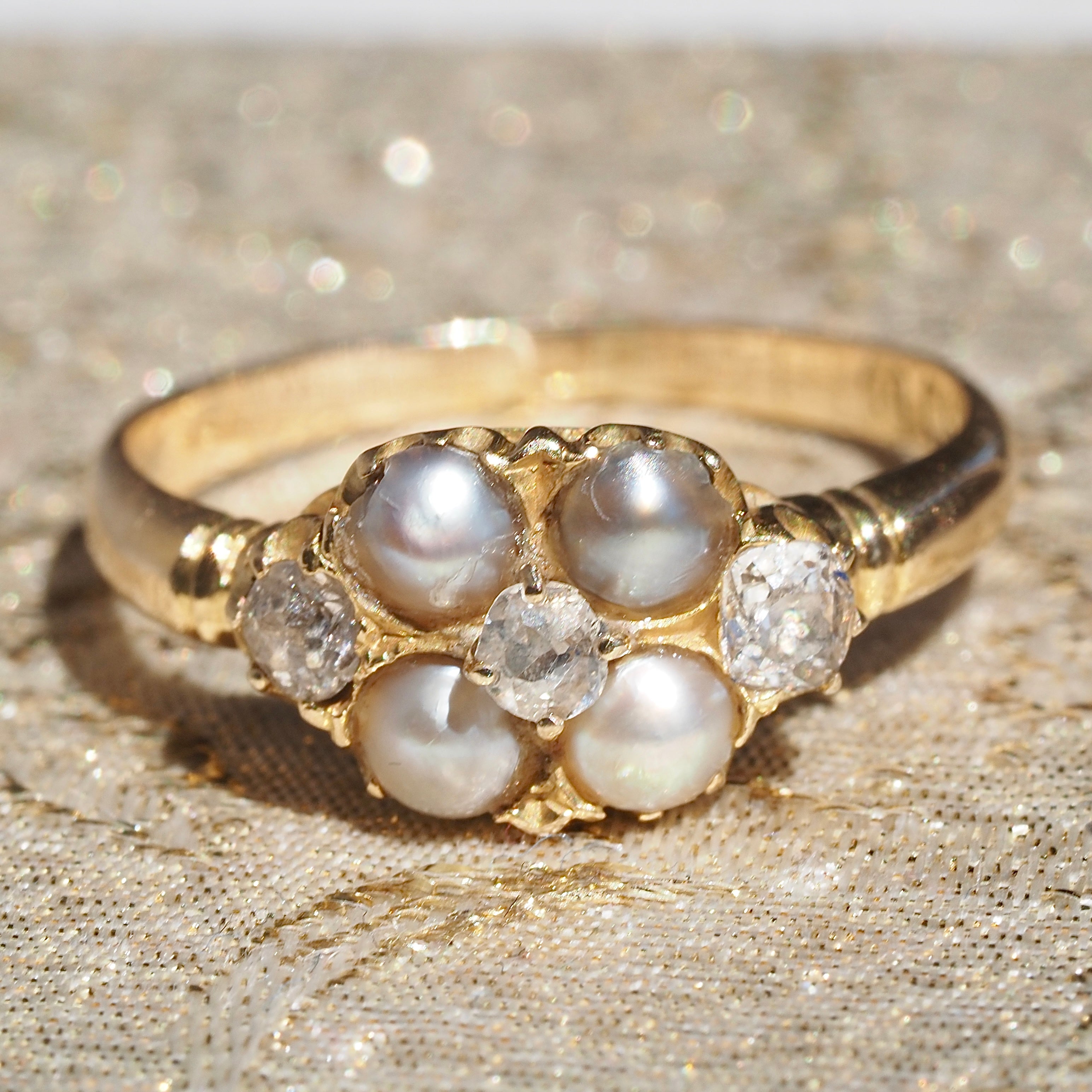 Early Victorian English Natural Grey Pearl Old Mine Cut Diamond Cluster 18k Gold Ring