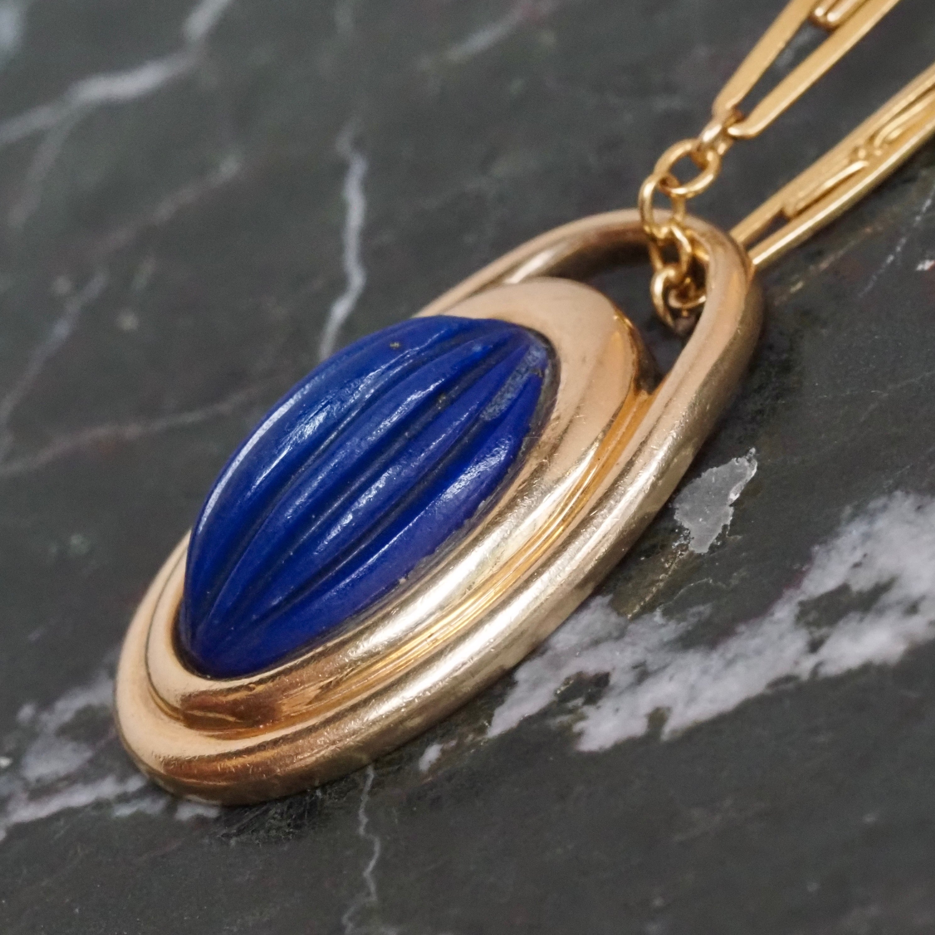 Vintage Carved Lapis Melon 14k Gold Pendant
