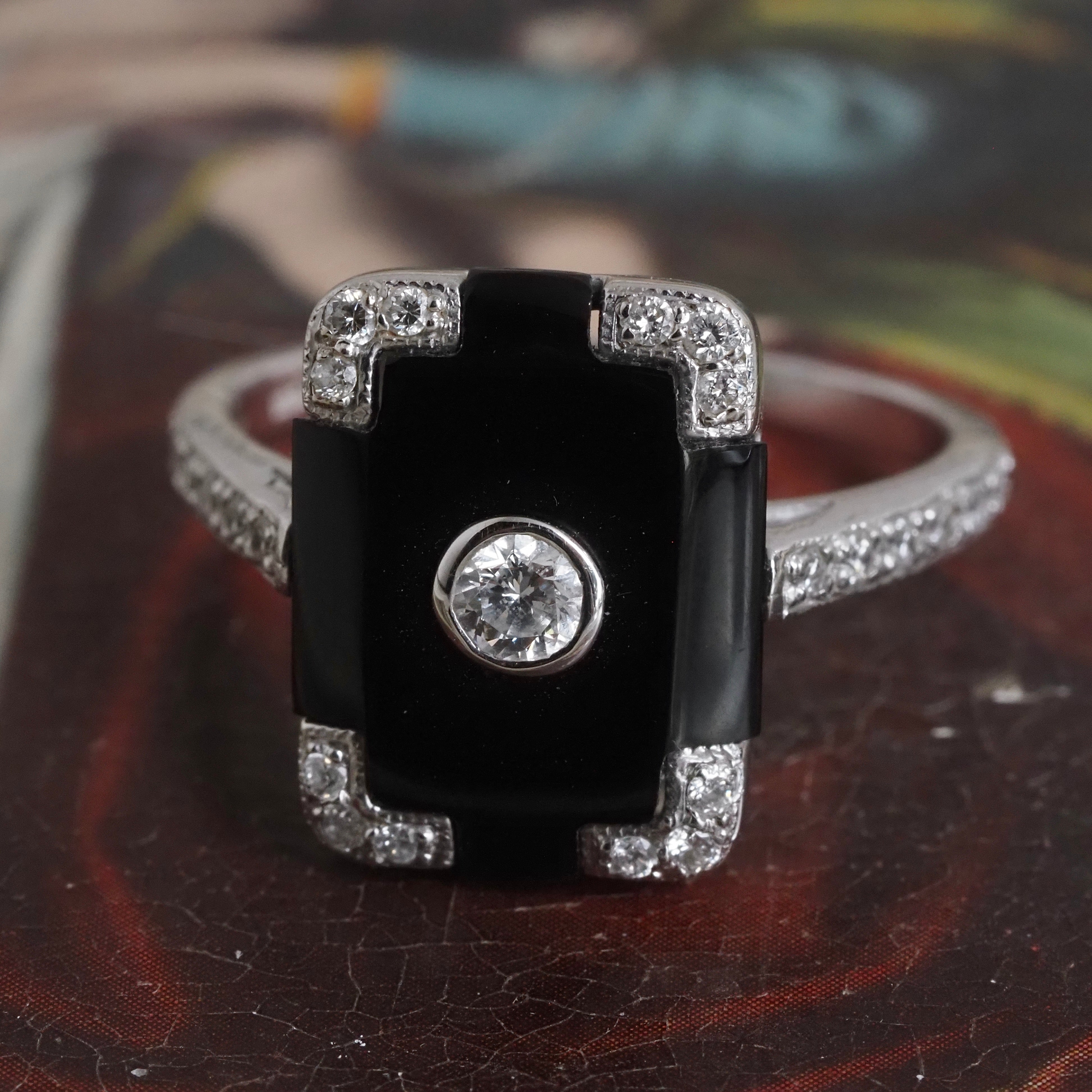 Vintage Art Deco Style Onyx and Diamond 14k White Gold Ring