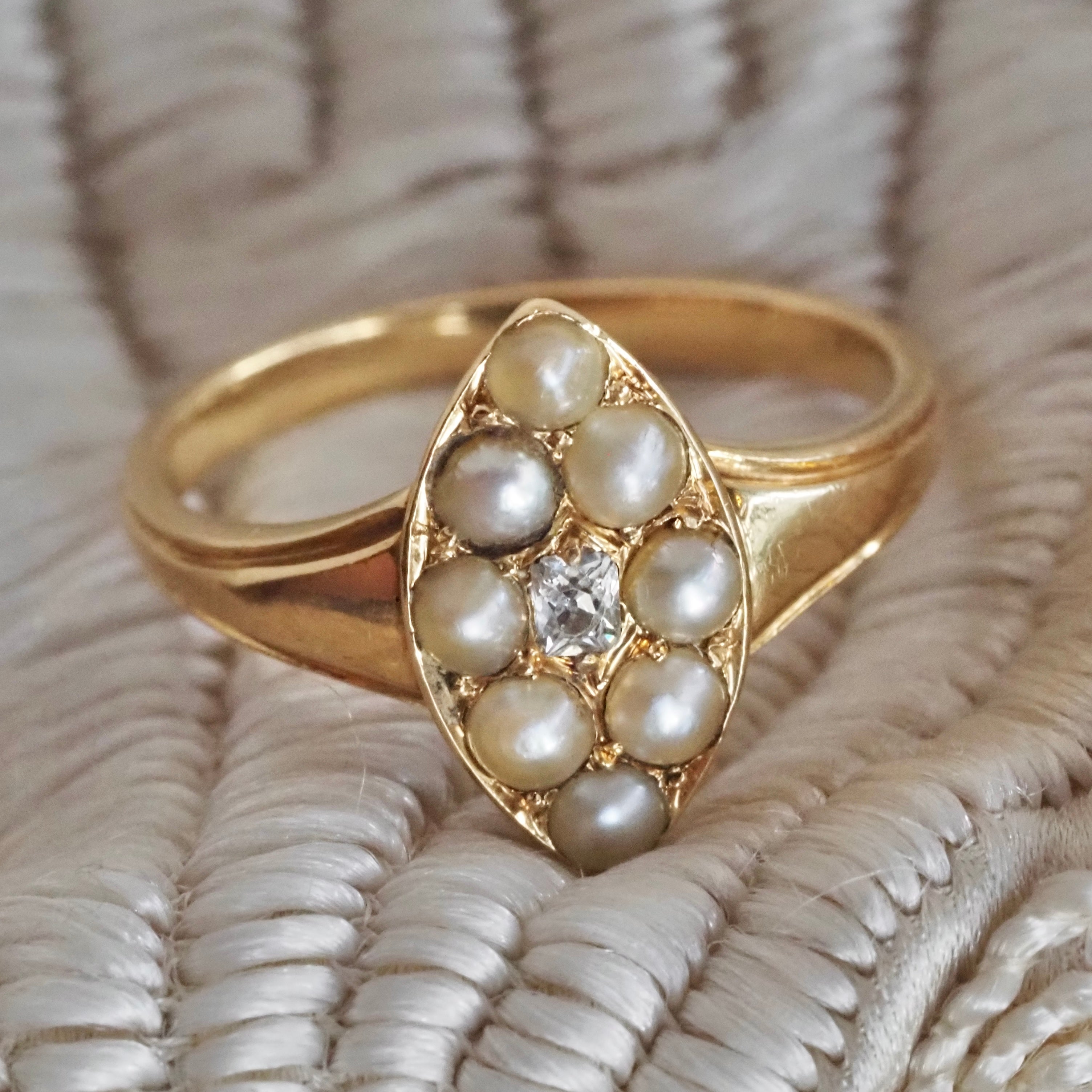 Antique Early Victorian Peruzzi Diamond Natural Seed Pearl 18k Gold Navette Ring