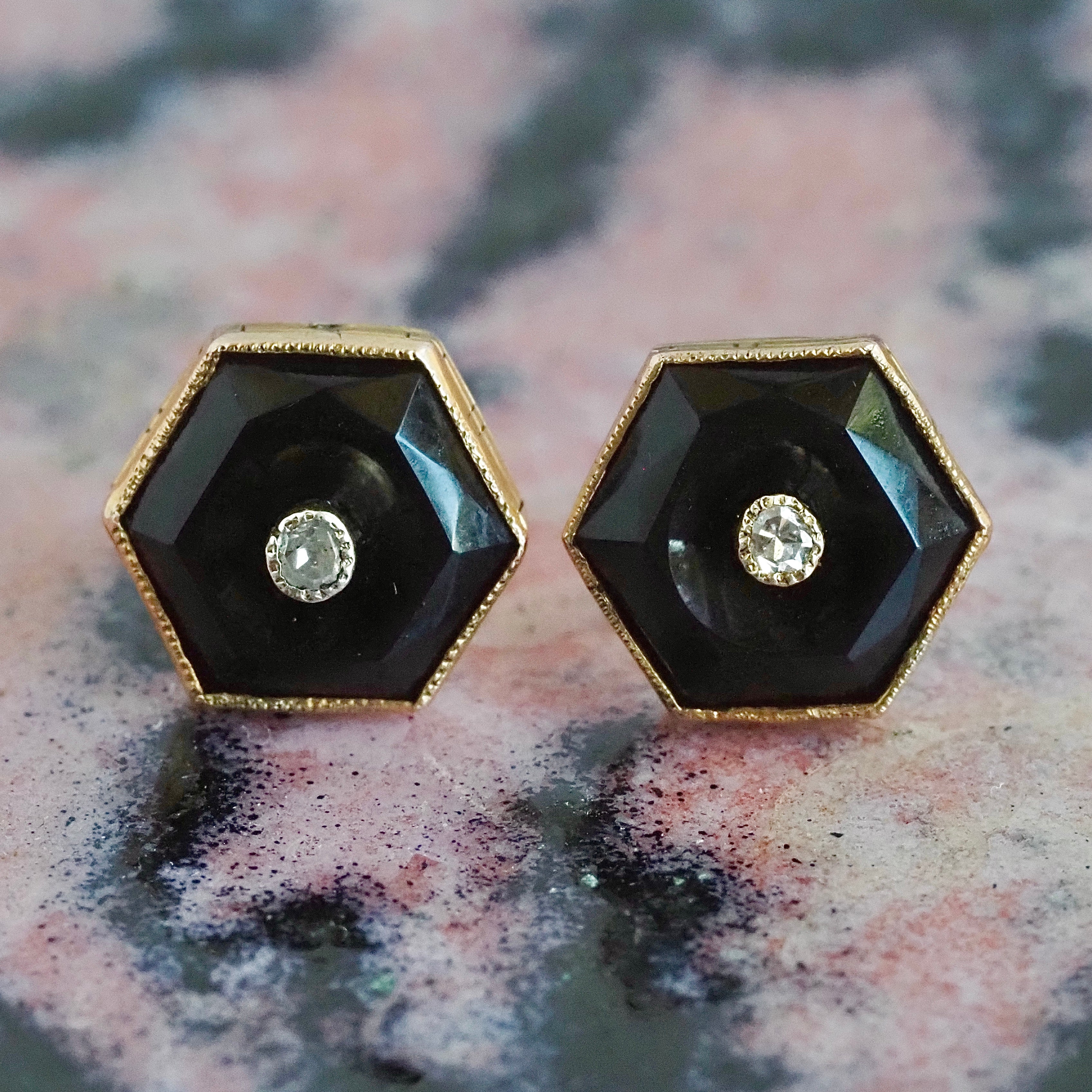 Antique Art Deco 14k Gold Hexagon Onyx and Diamond Stud Earrings