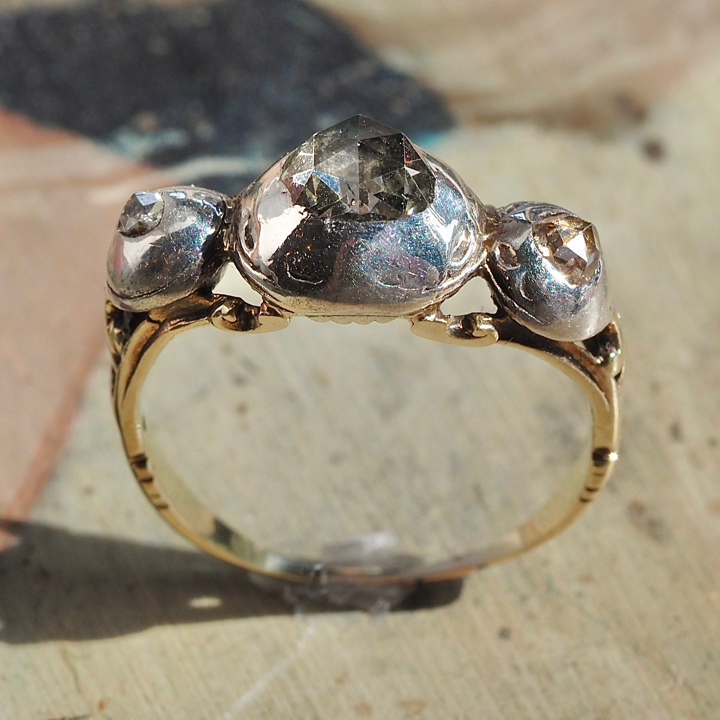 Antique Early 18th Century Georgian Dutch Cut Rose Cut Diamond 18k Gold and Sterling Silver Trilogy Ring