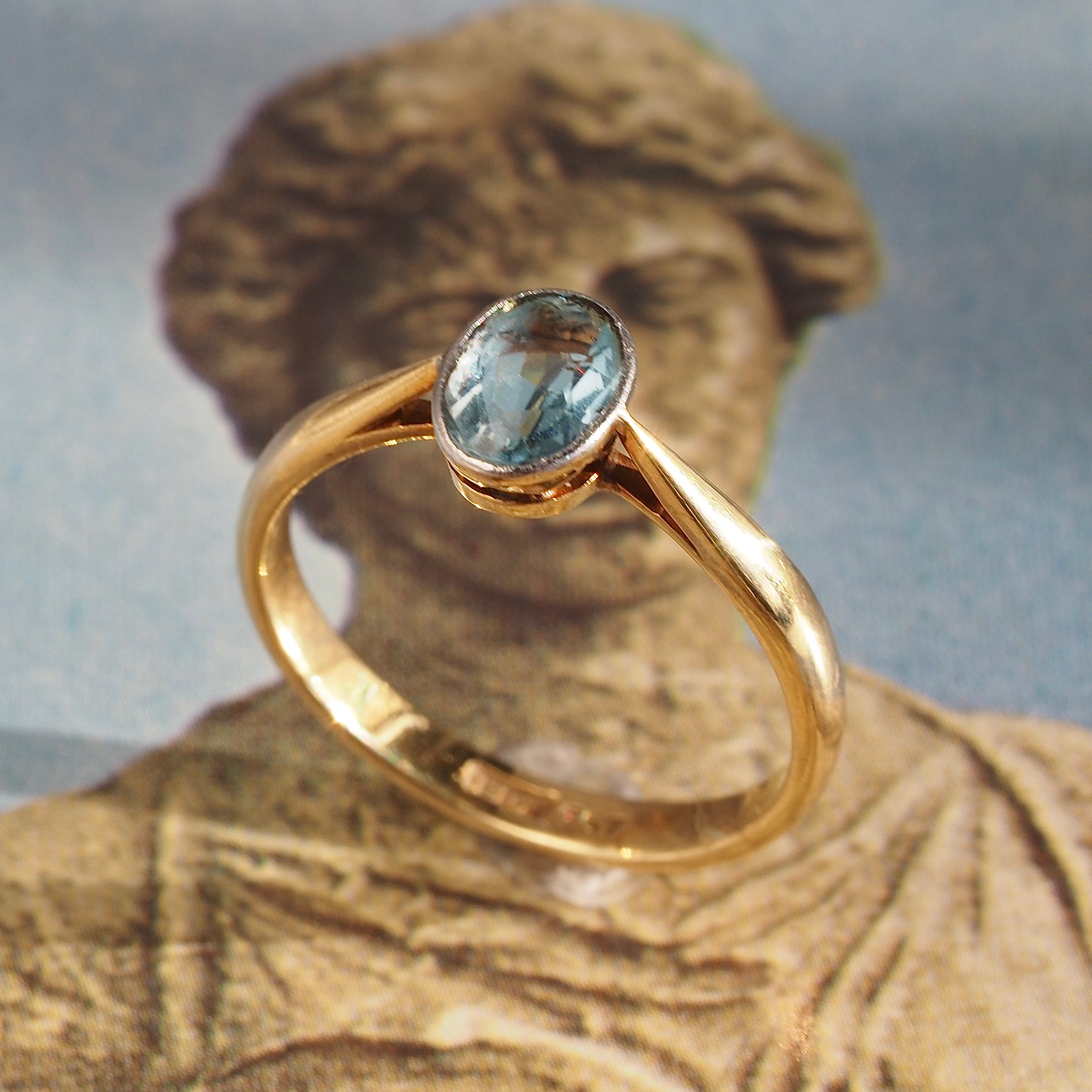 Antique English Edwardian Aquamarine 18k Gold Solitaire Ring