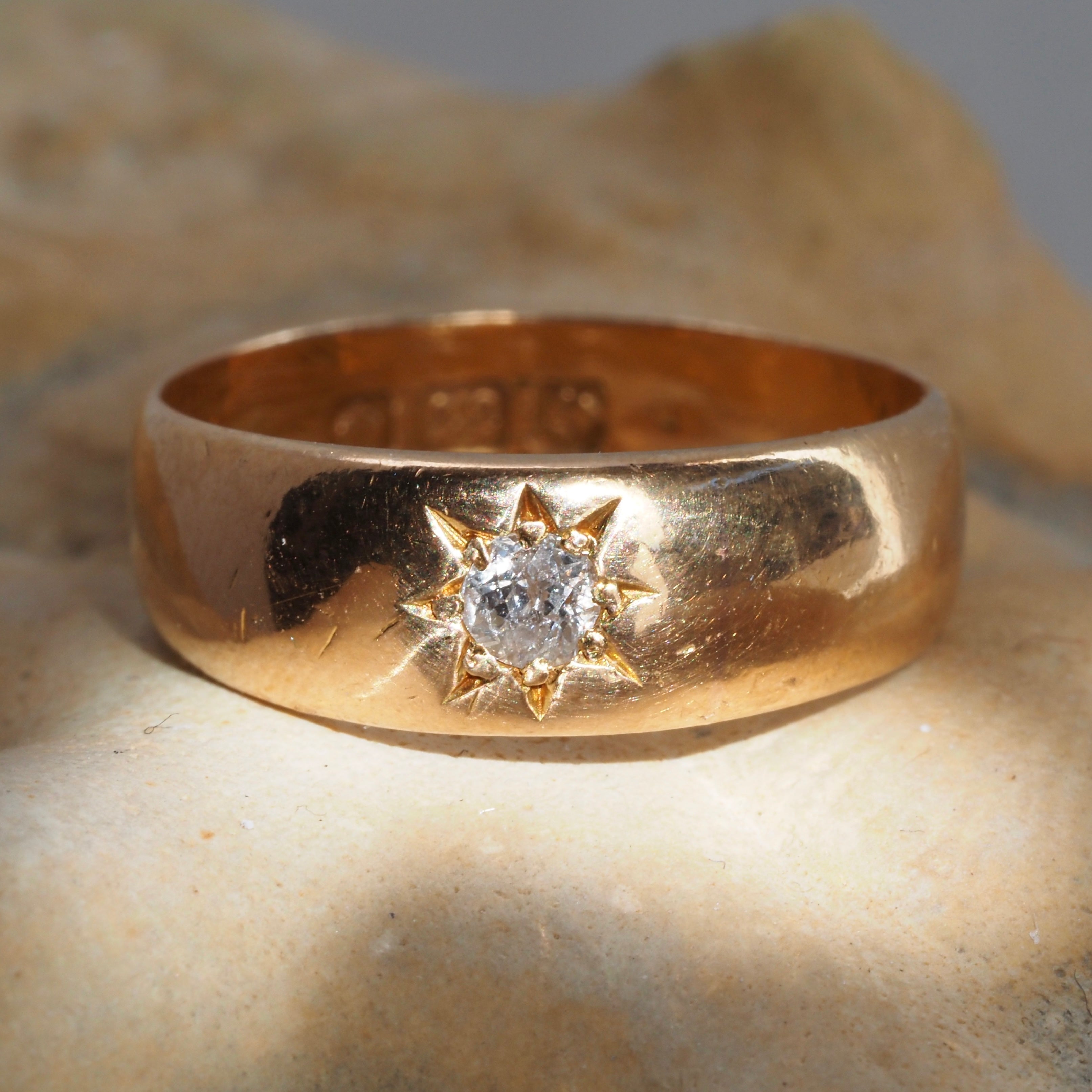 Antique English 22k Gold Old Mine Cut Flush Set Diamond Starburst Ring