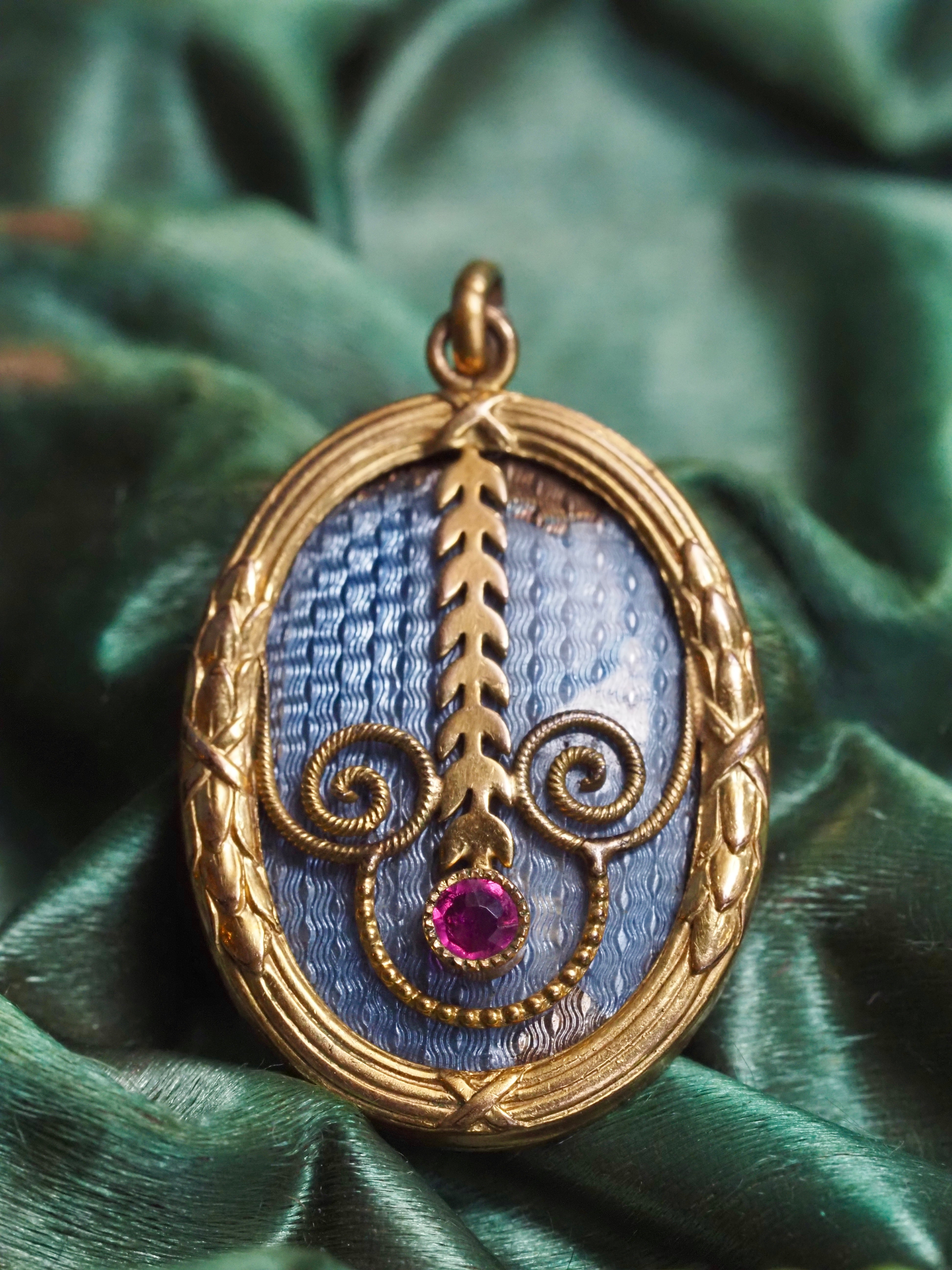 Antique Art Nouveau Gold Filled Enamel Charm With Paste Ruby