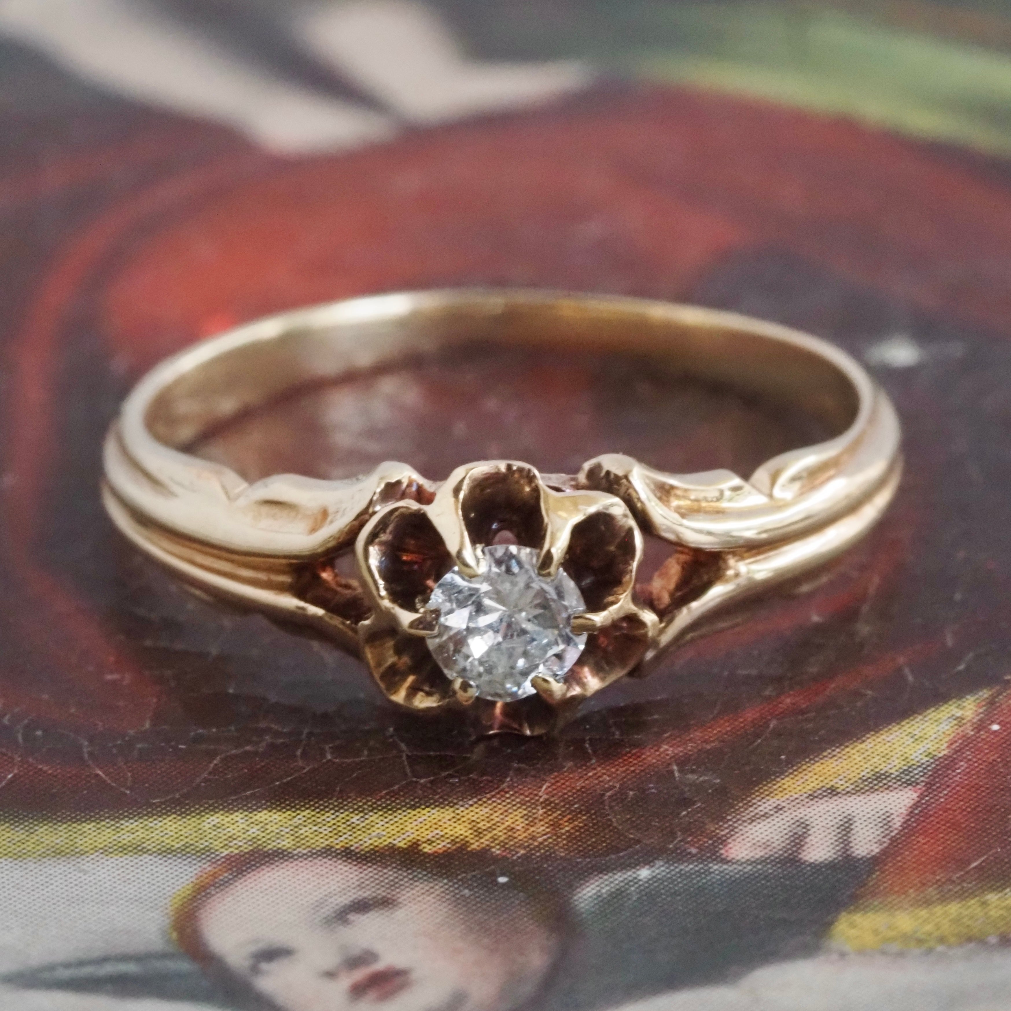Antique Victorian Old European Cut Diamond Floral Belcher 14k Gold Engagement Ring