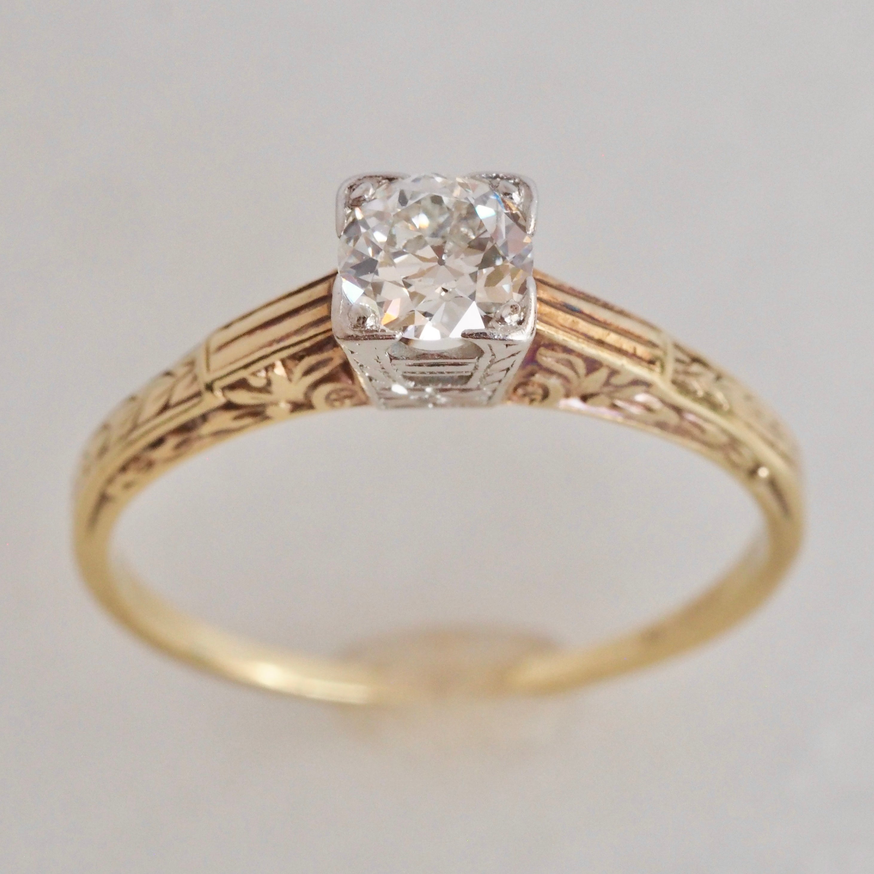 Art Deco 14k White and Yellow Gold Old European Cut Diamond Engagement Ring
