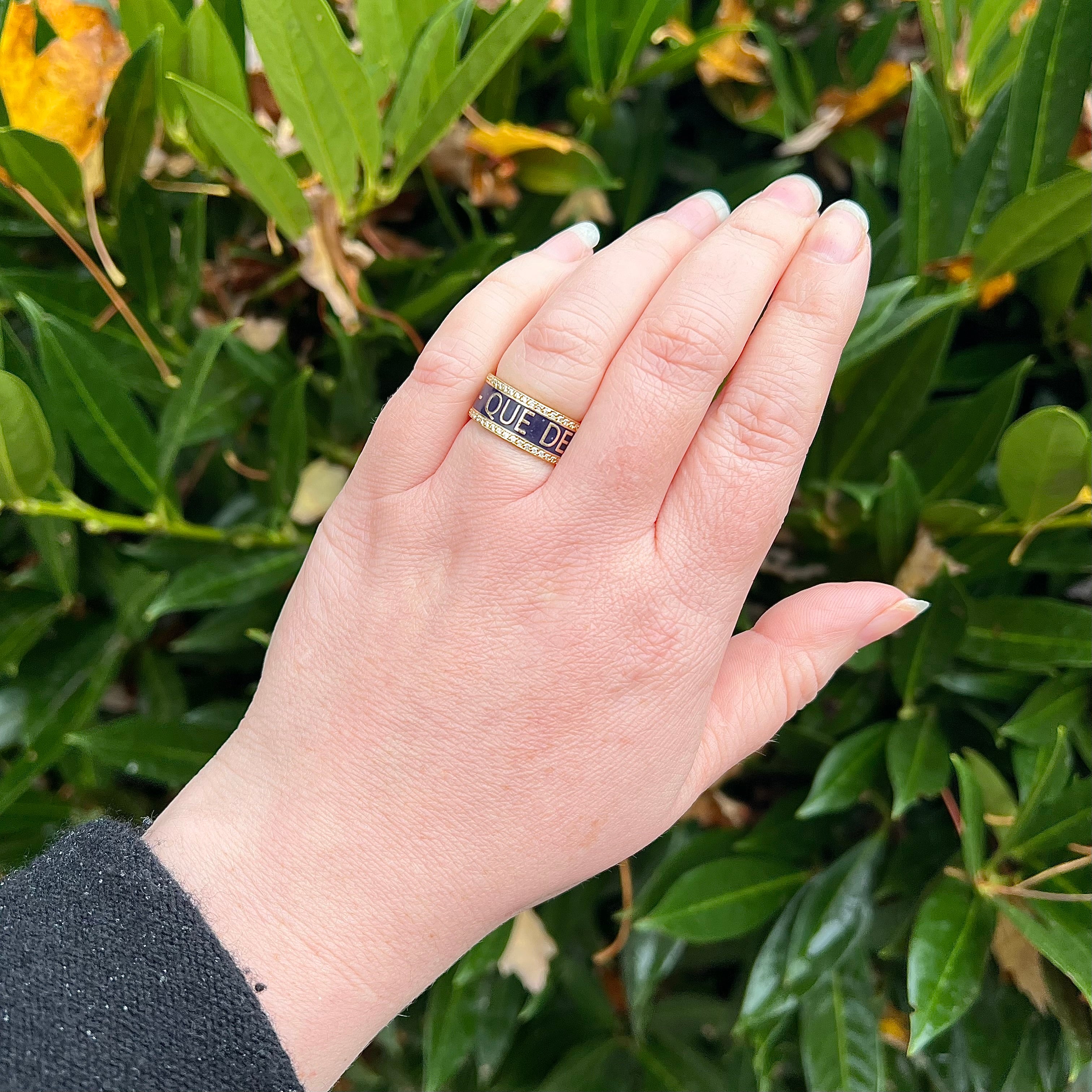 Qu'hier Que Demain "More Than Yesterday, Less Than Tomorrow" Blue Enamel and Diamond 14k Gold Band