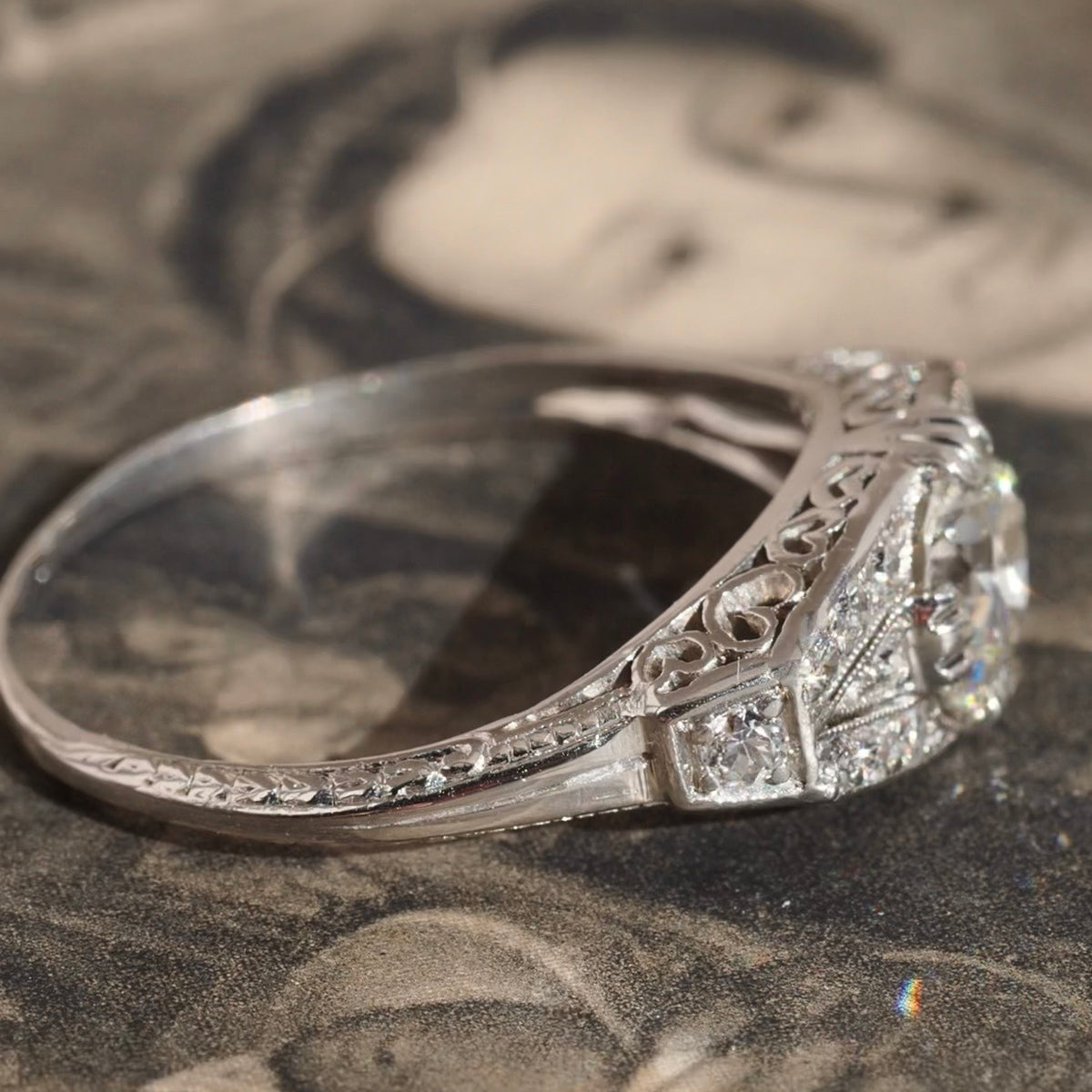 Antique Art Deco c. 1920s Platinum Old European Cut Diamond Engagement Ring
