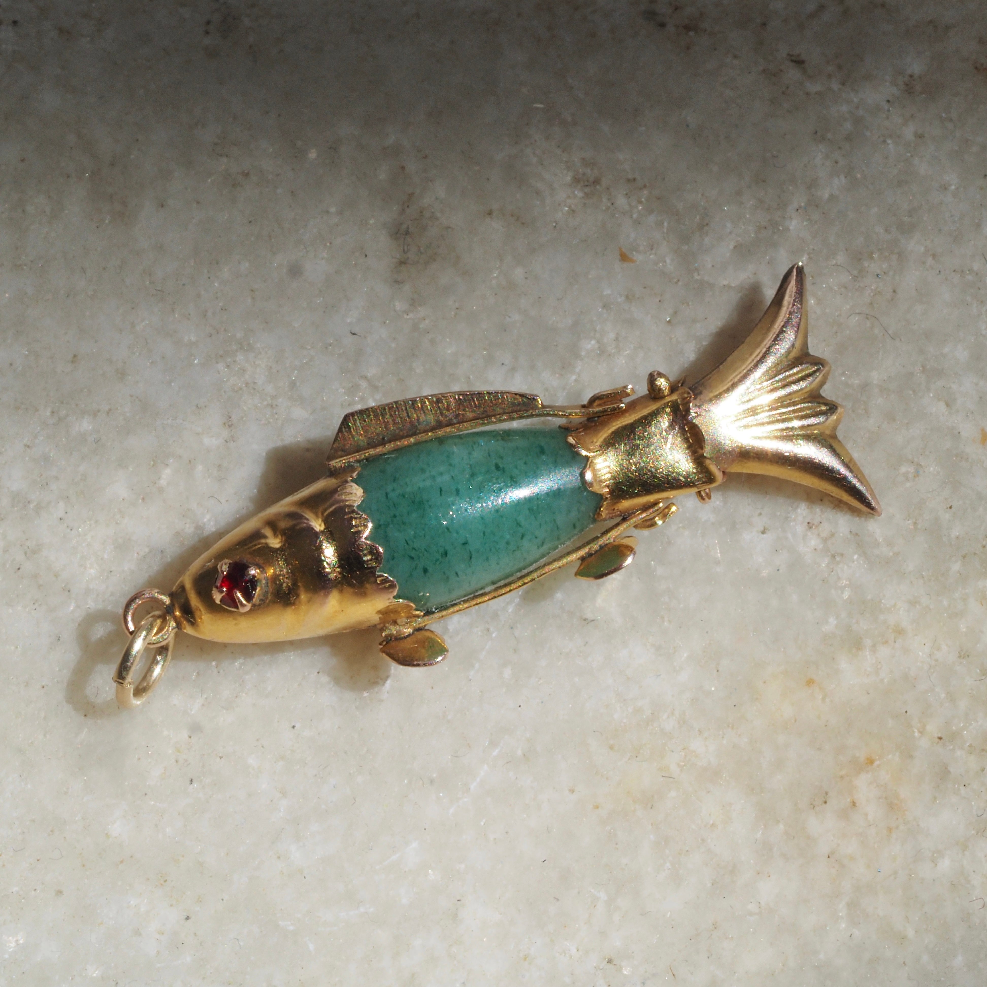 Vintage Jade Ruby Paste 14k Gold Articulated Fish Pendant