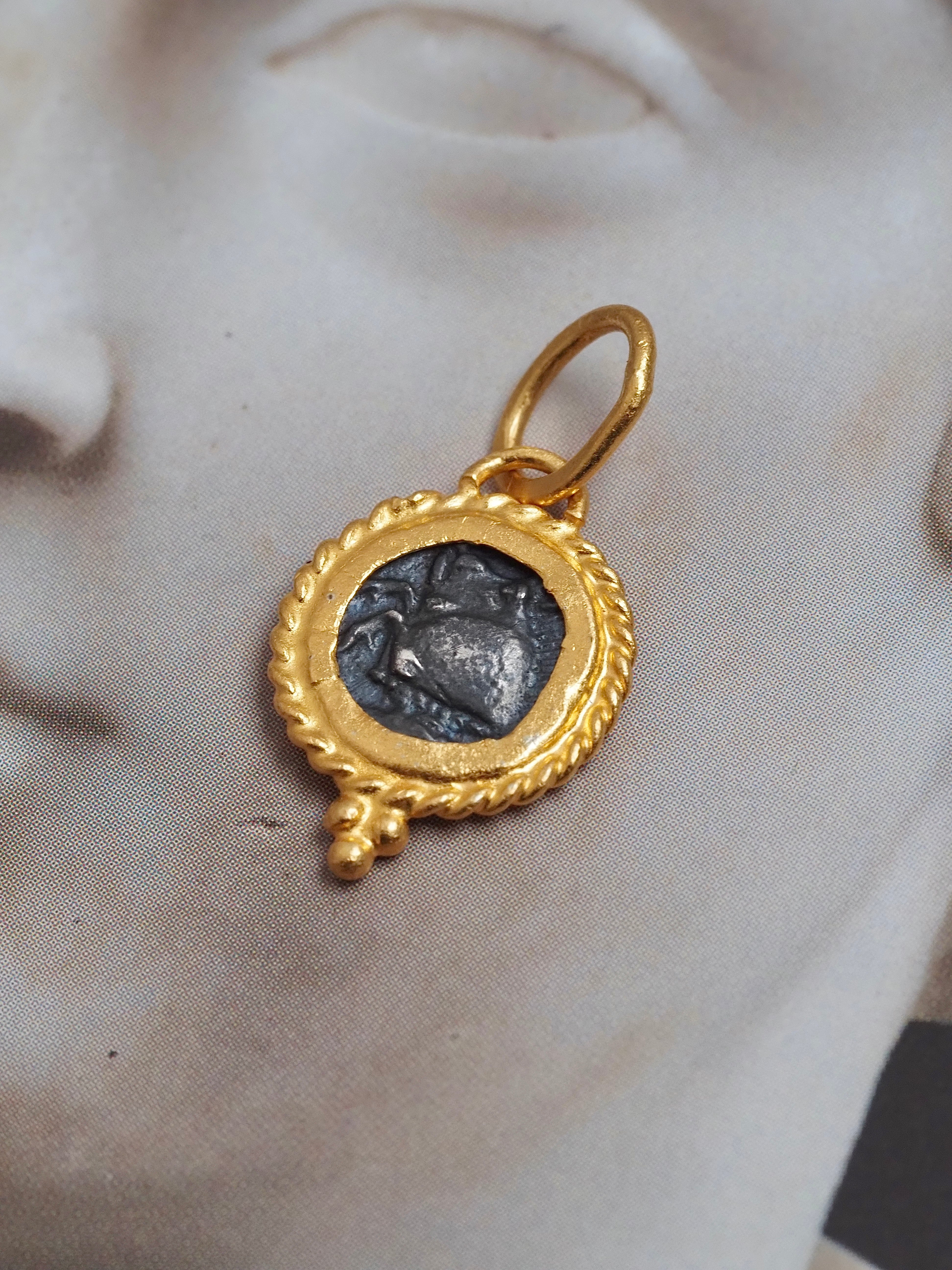 Ancient Greek Silver Coin Charm in 22k Gold