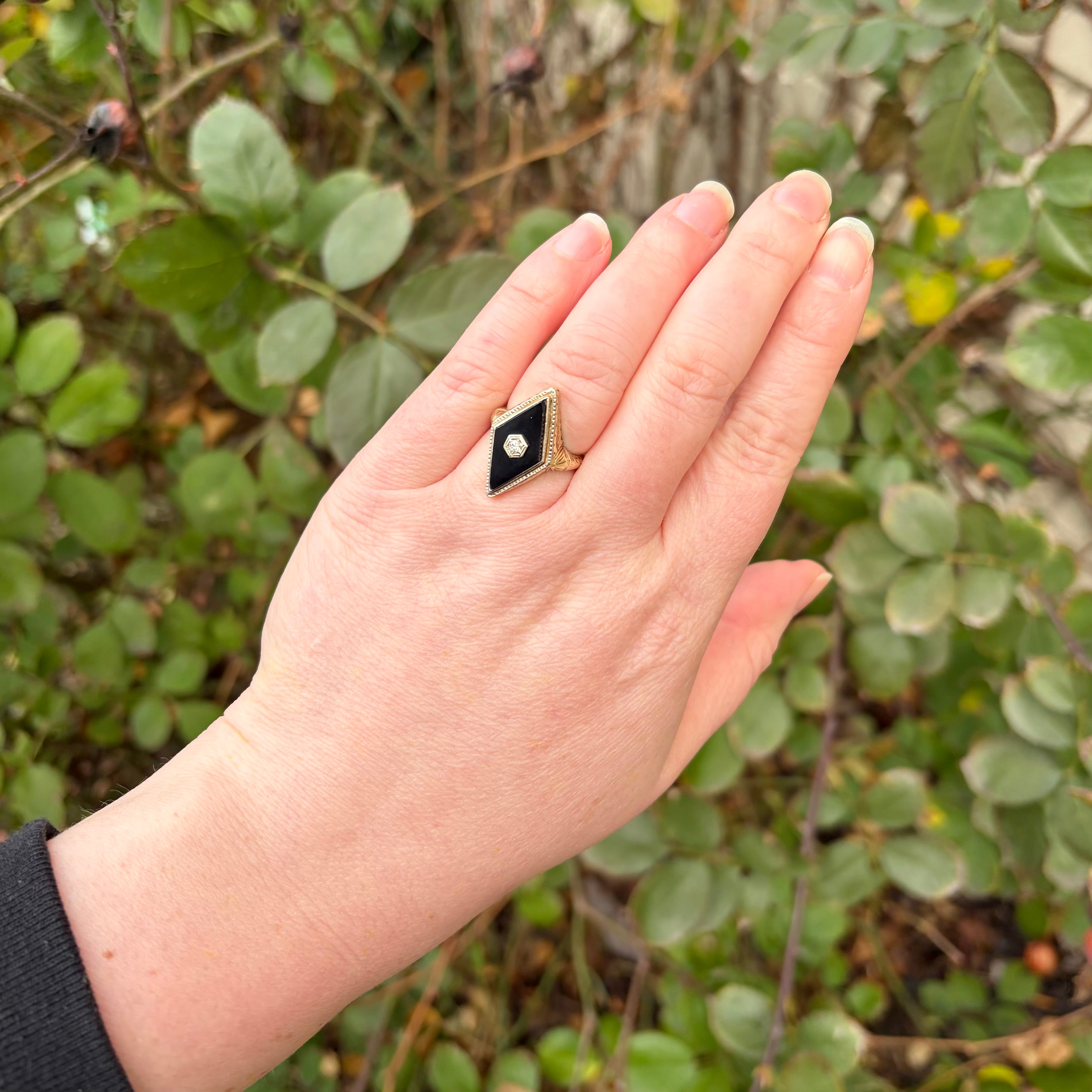 Art Deco Onyx Diamond 14k White Gold Ring