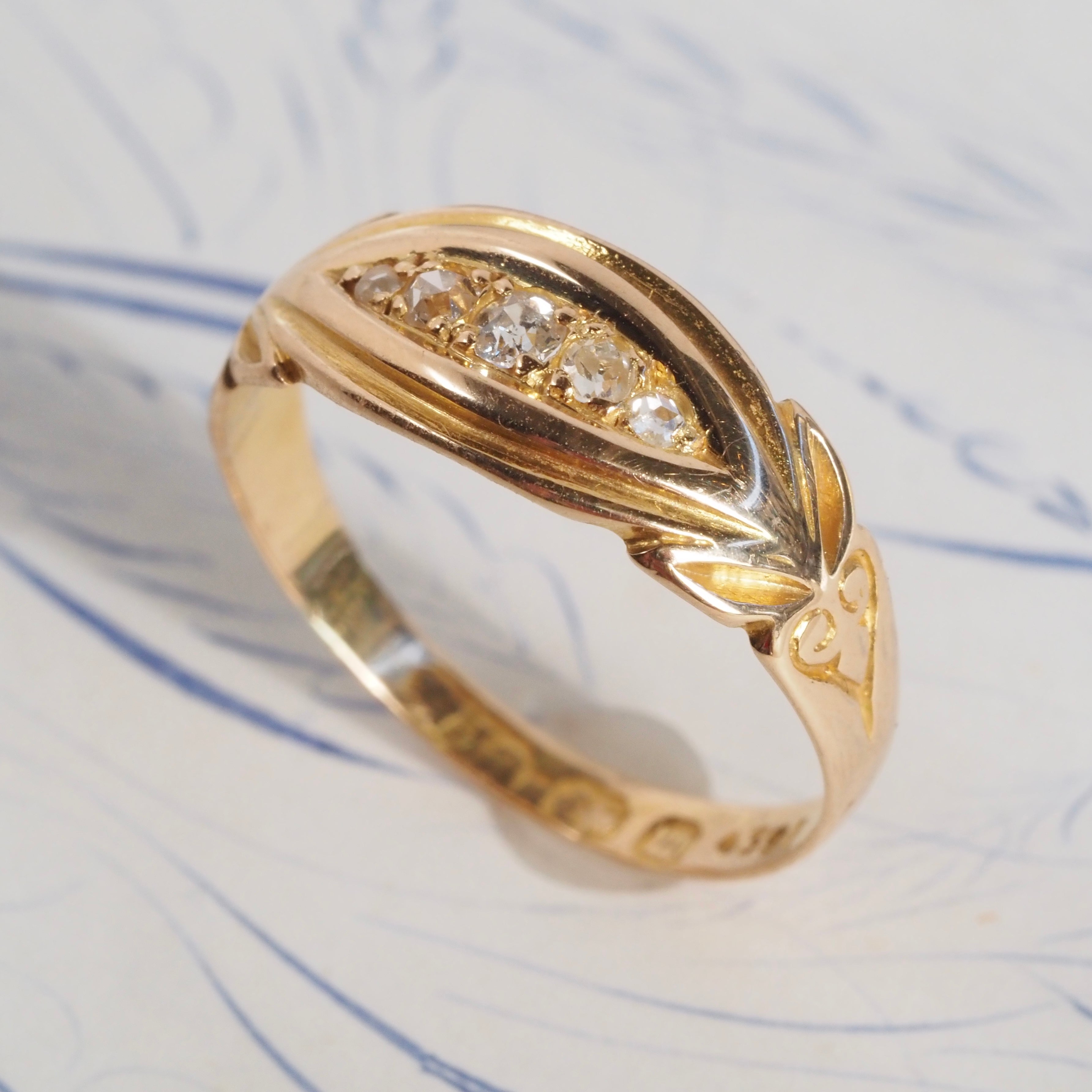 Antique Victorian 18k Gold Old Mine Cut Diamond Boat Ring