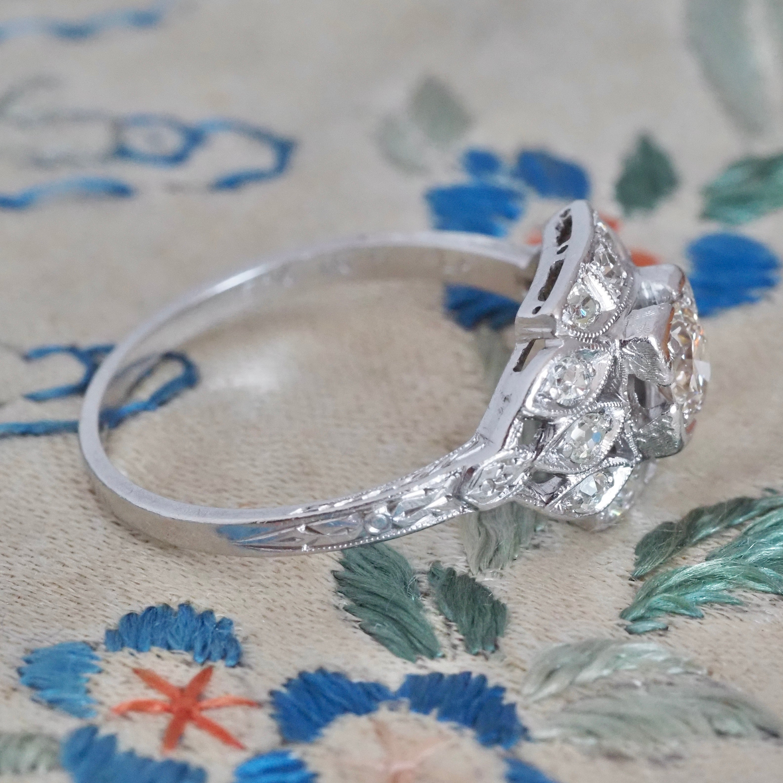 Antique Art Deco Platinum Old European Cut Diamond Shield Ring