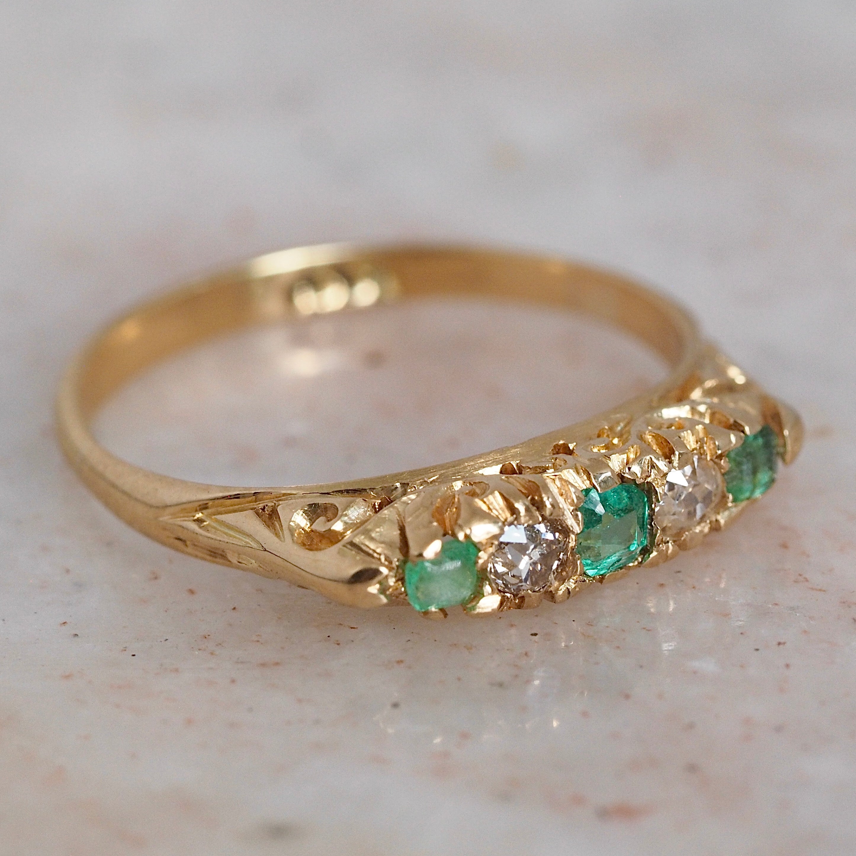 Antique English Art Nouveau 18k Gold Five Stone Emerald and Diamond Ring
