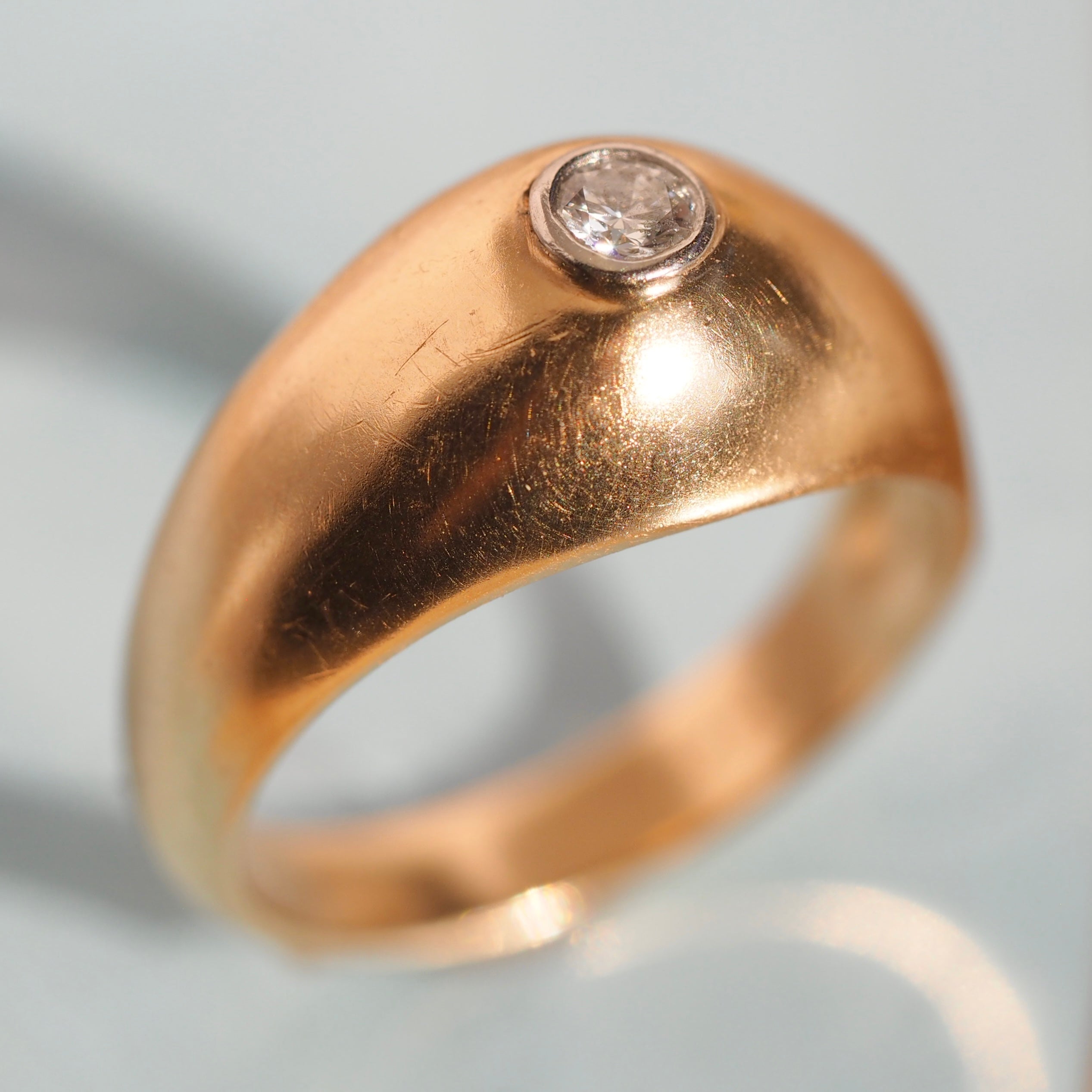 Vintage 14k Gold Bezel Set Diamond Satin Dome Ring