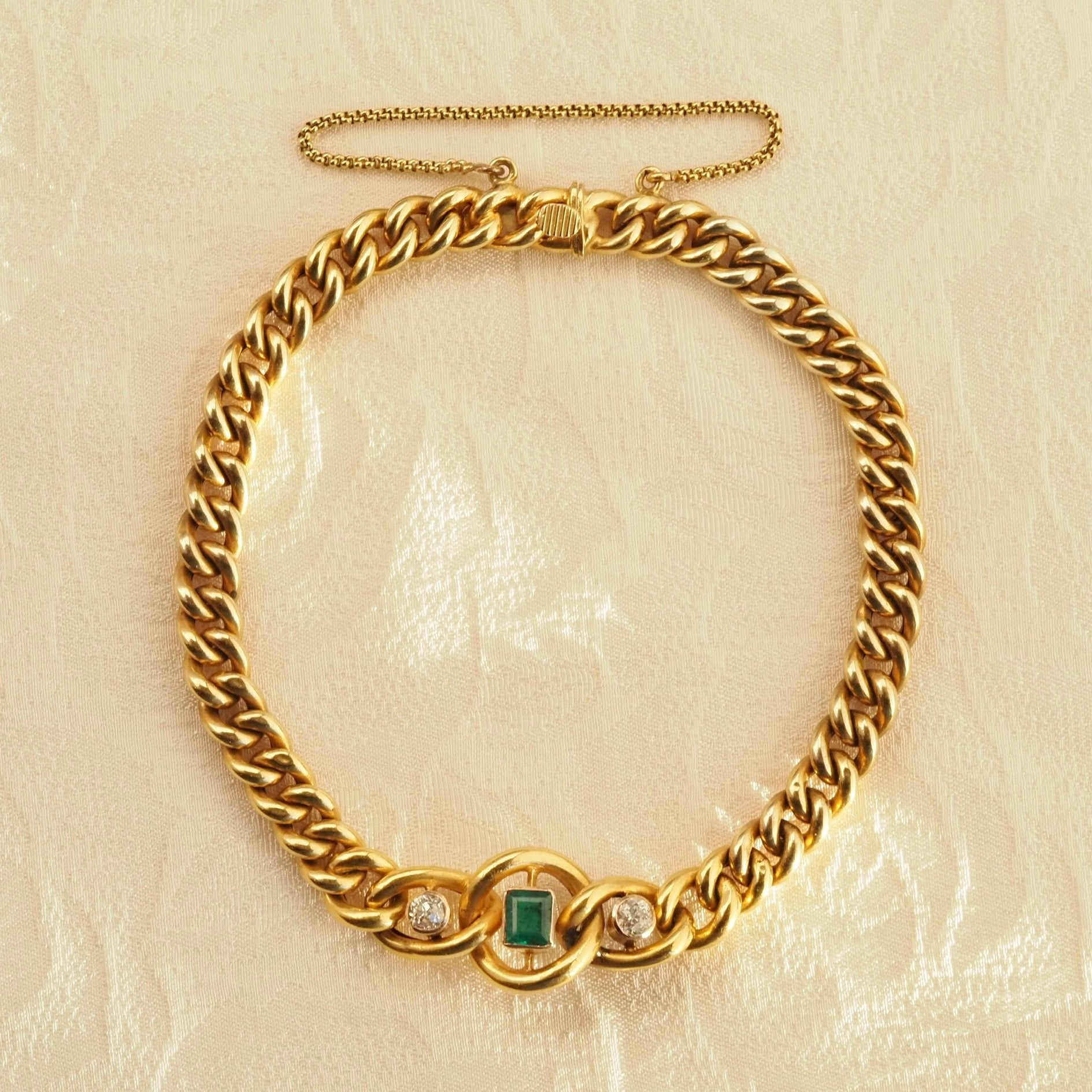 Antique Emerald and Diamond 14k Gold Bloomed Curb Chain Bracelet