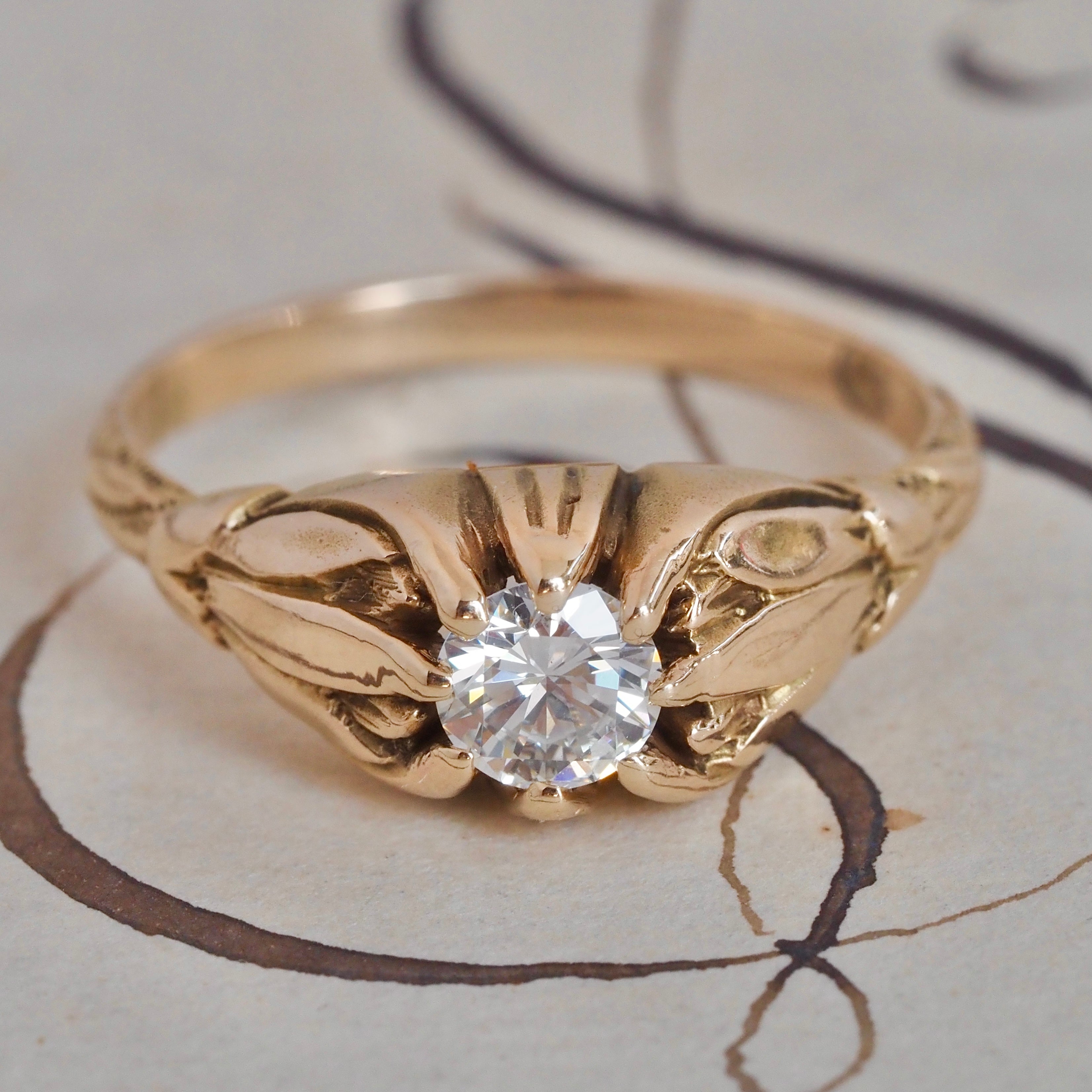 ON HOLD Antique 14k Gold Belcher Set Transitional Cut Diamond Tulip Ring