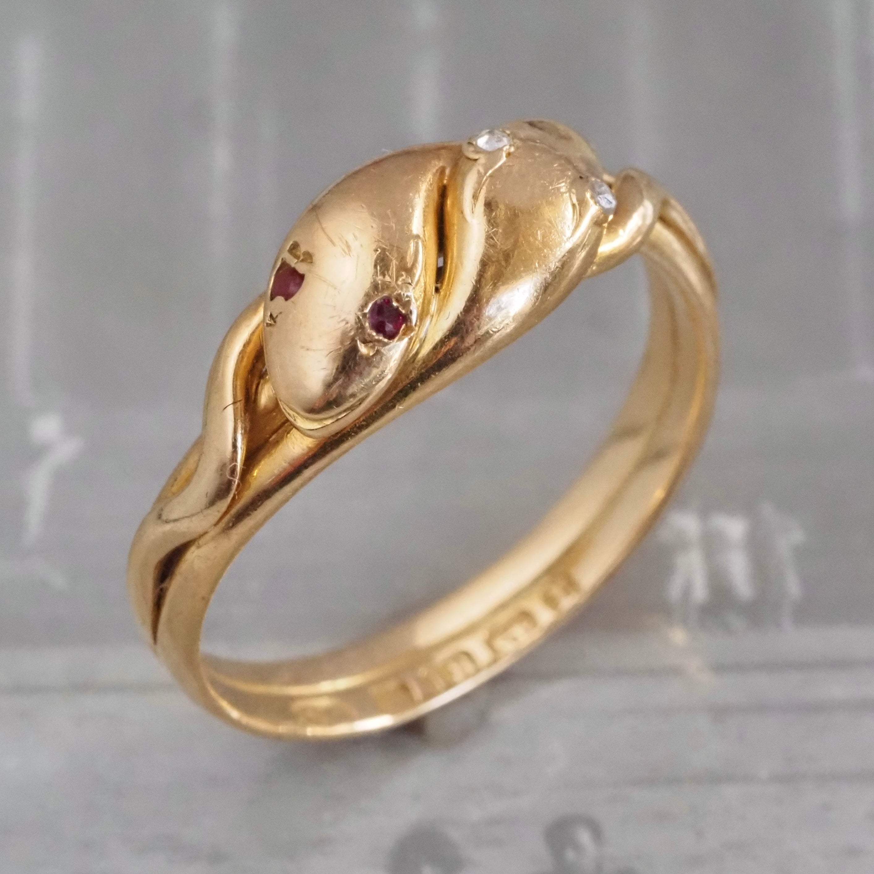 Antique c. 1891 English Double Snake Ruby and Diamond 18k Gold Ring