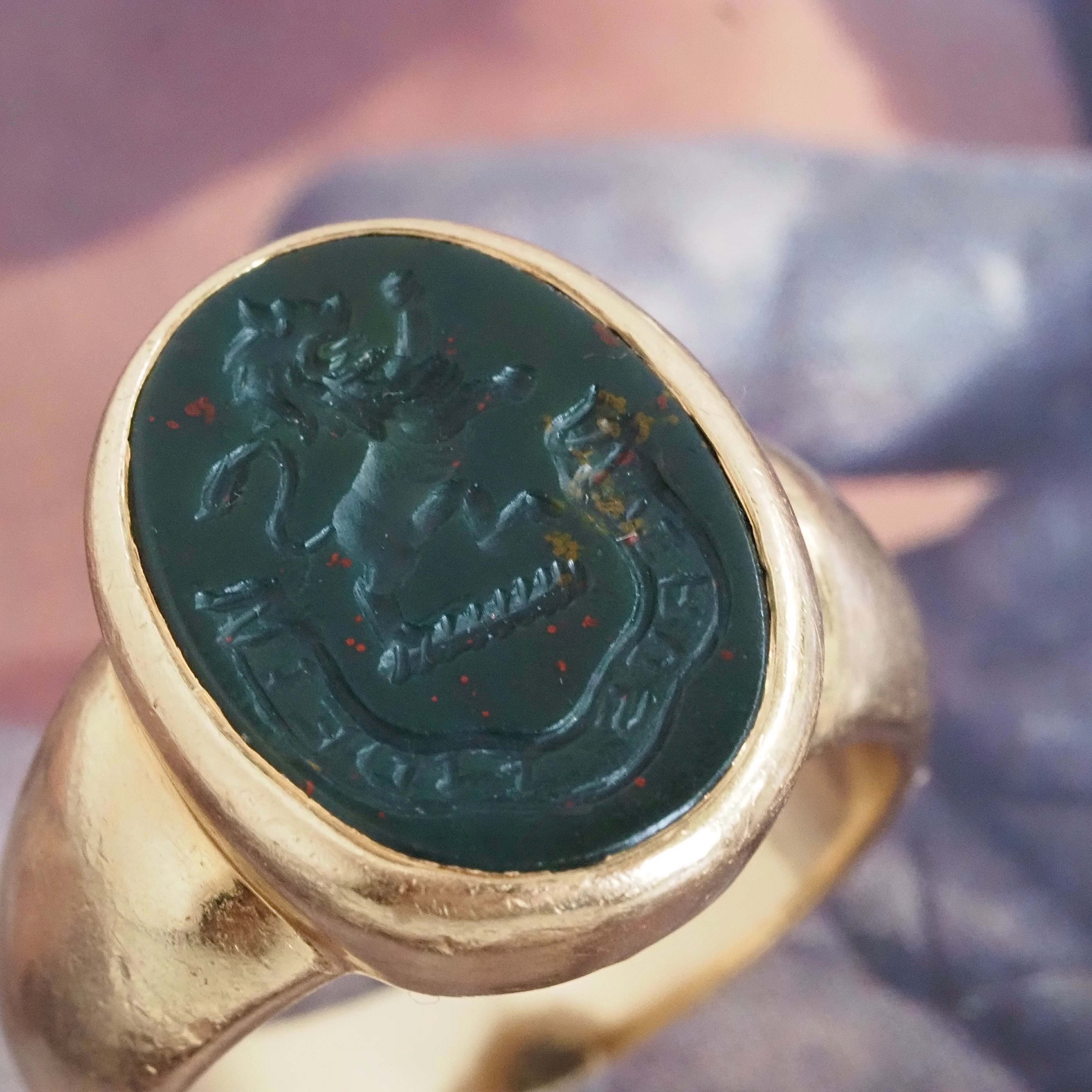 Antique Bloodstone Lion "Verus Fidelis" Intaglio 14k Gold Signet Ring