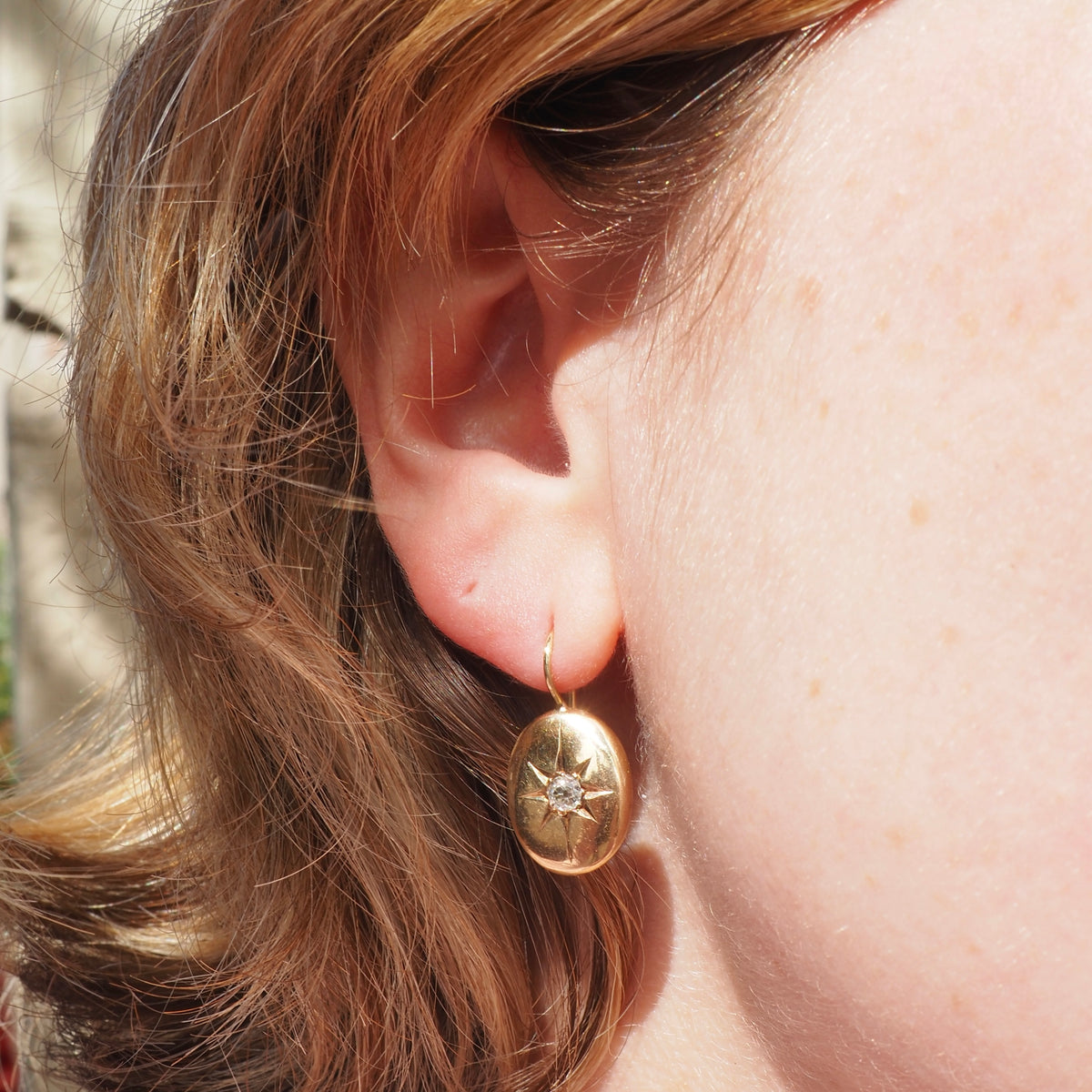 Antique Old Mine Cut Diamond Starburst Oval 18k Gold Earrings