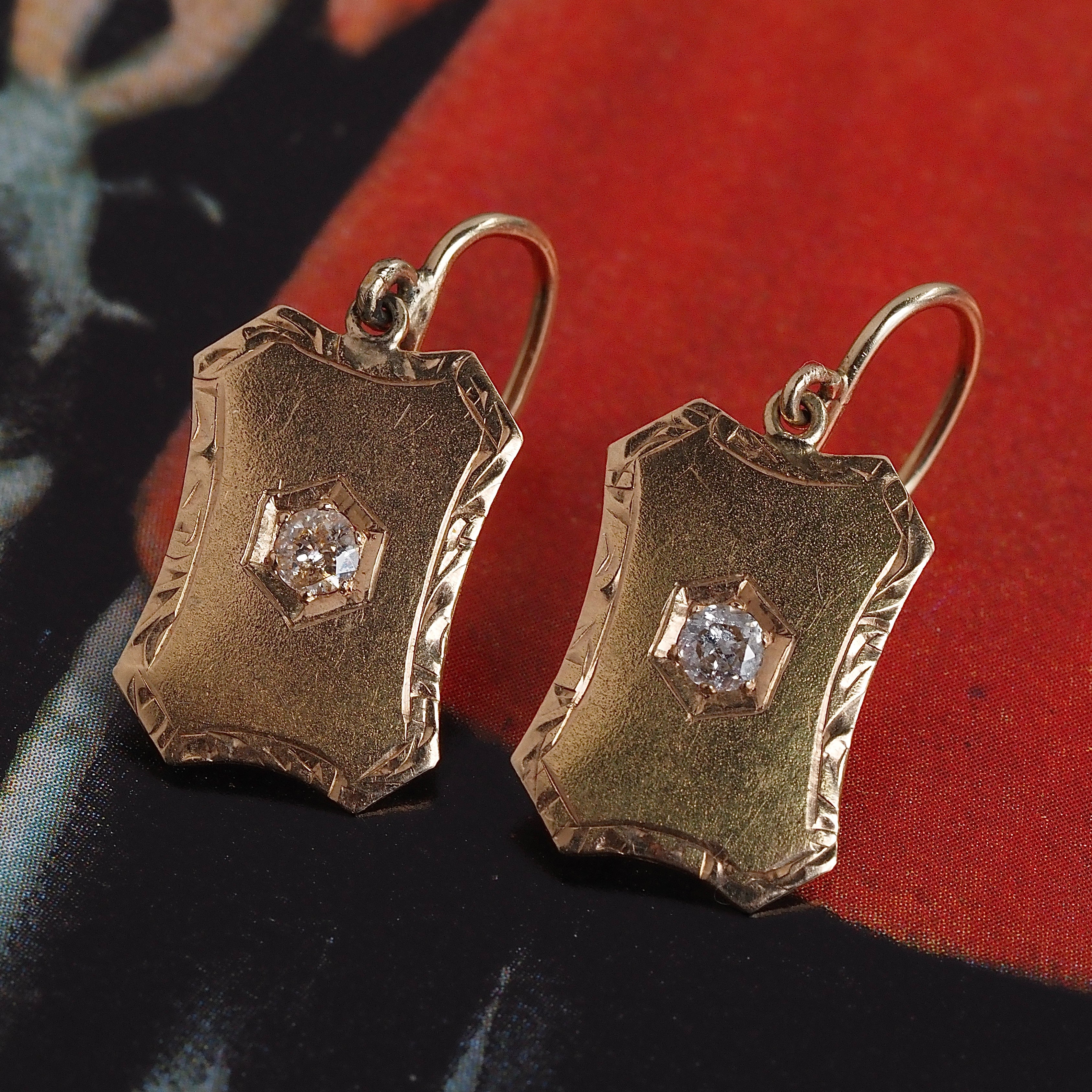 Antique 14k Gold Old Mine Cut Diamond Shield Earrings