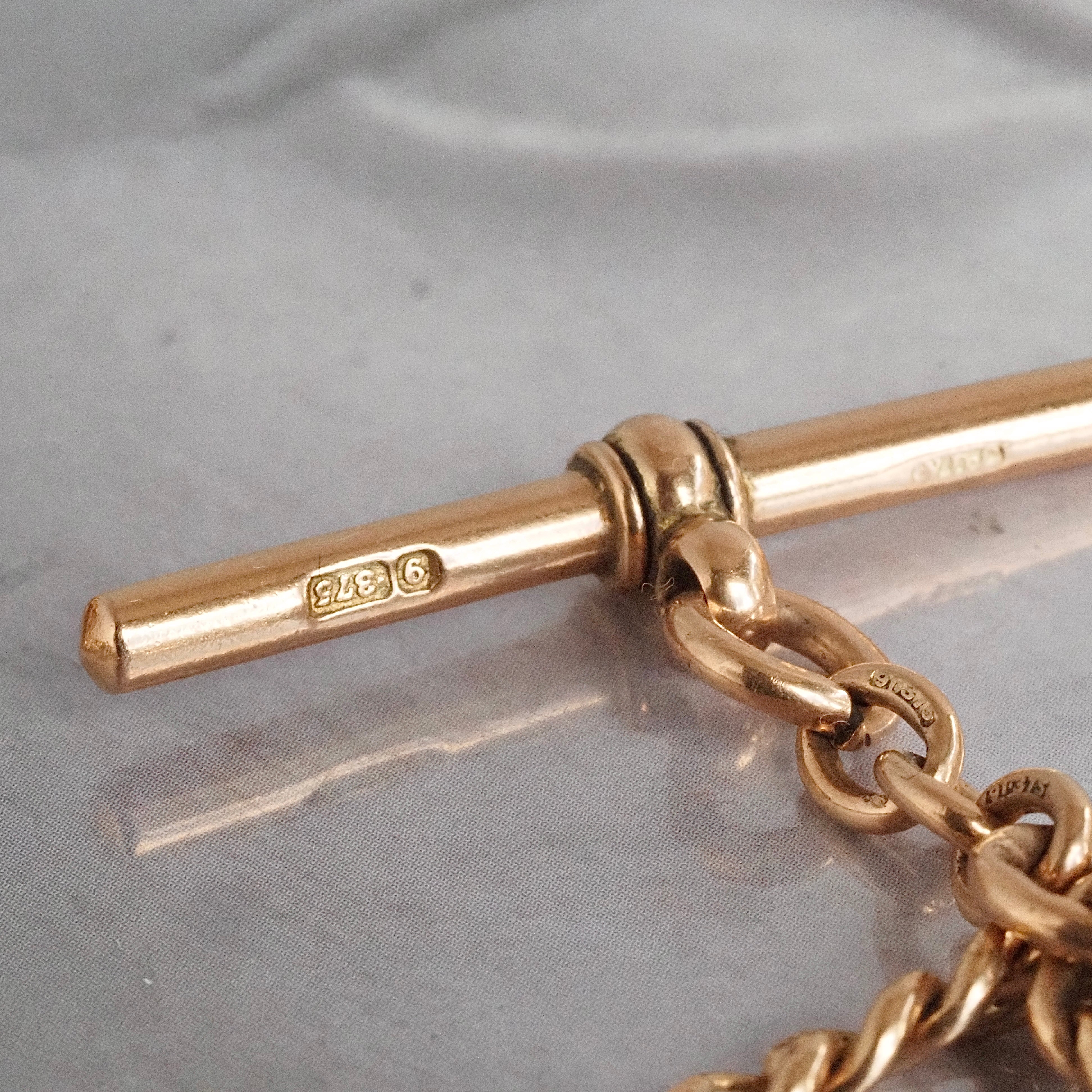 Antique English Graduated Curb Watch Chain Necklace with T-Bar and Bolt Clasp in 9k Gold