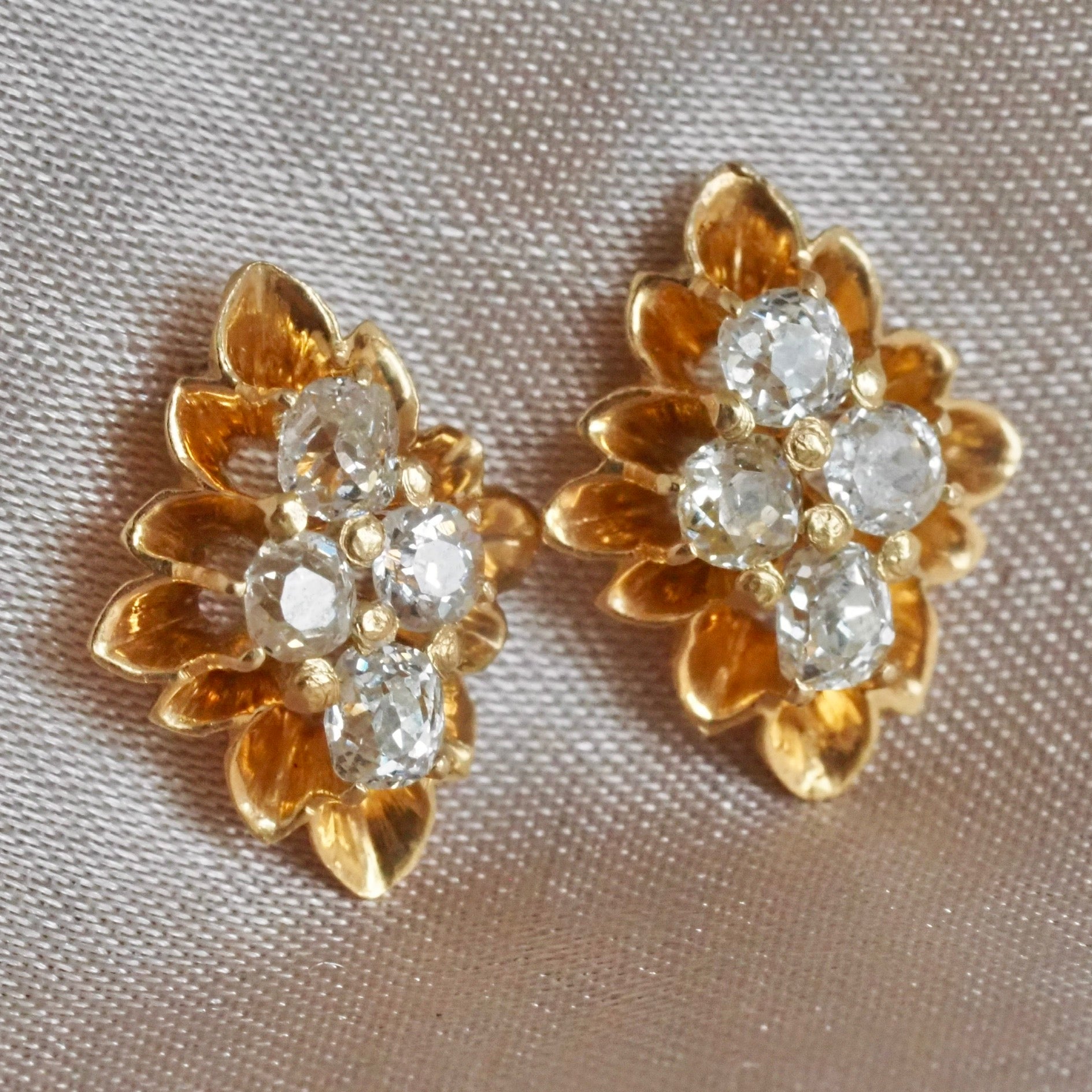 Old Mine Cut Diamond Cluster 14k Gold Stud Earrings