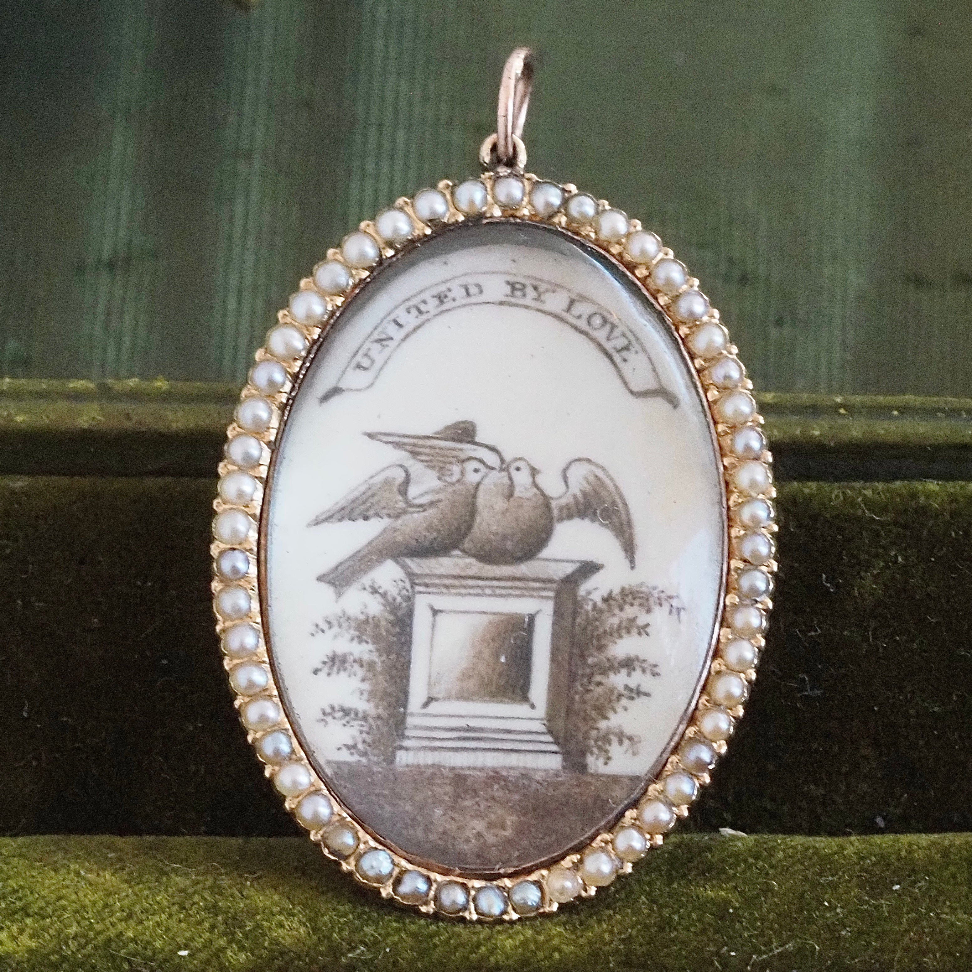 Antique Georgian/Early Victorian Doves "United by Love" Mourning Locket with Seed Pearls and 18k Gold