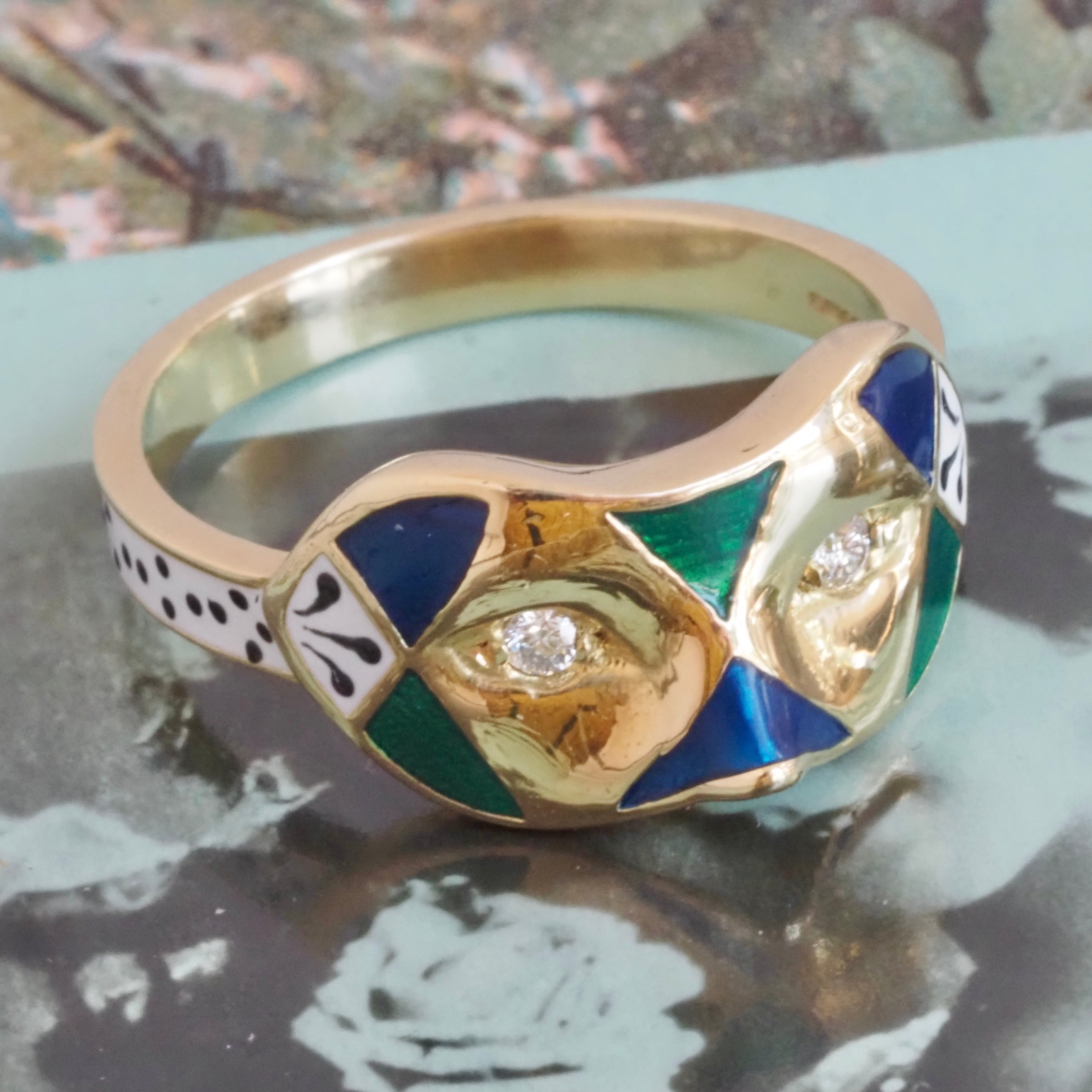 English Painted Mask Diamond and Enamel 18k Gold Ring