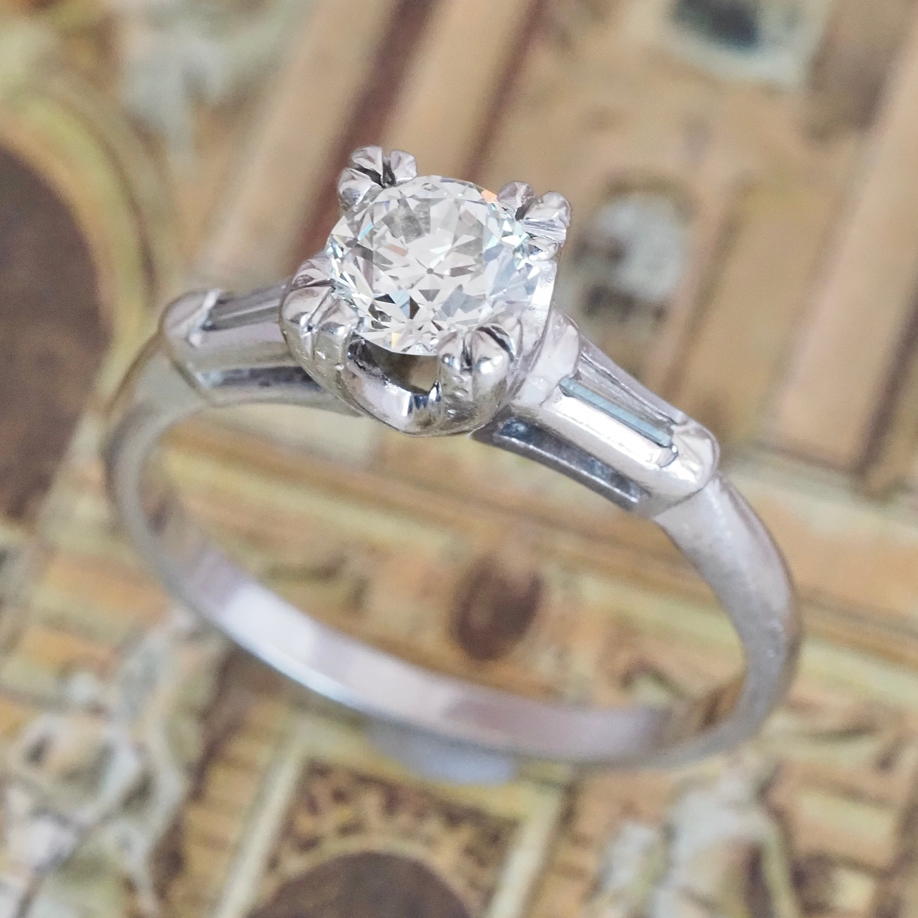 Vintage 14k White Gold Old European Cut Diamond and Tapered Baguette Solitaire